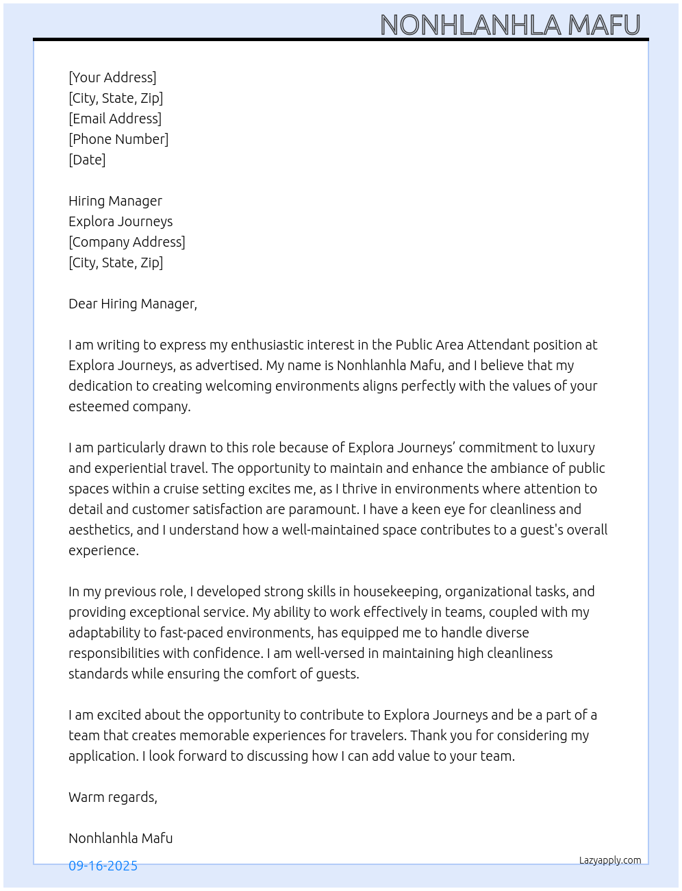 Public area attendant At Explora journeys Cover Letter