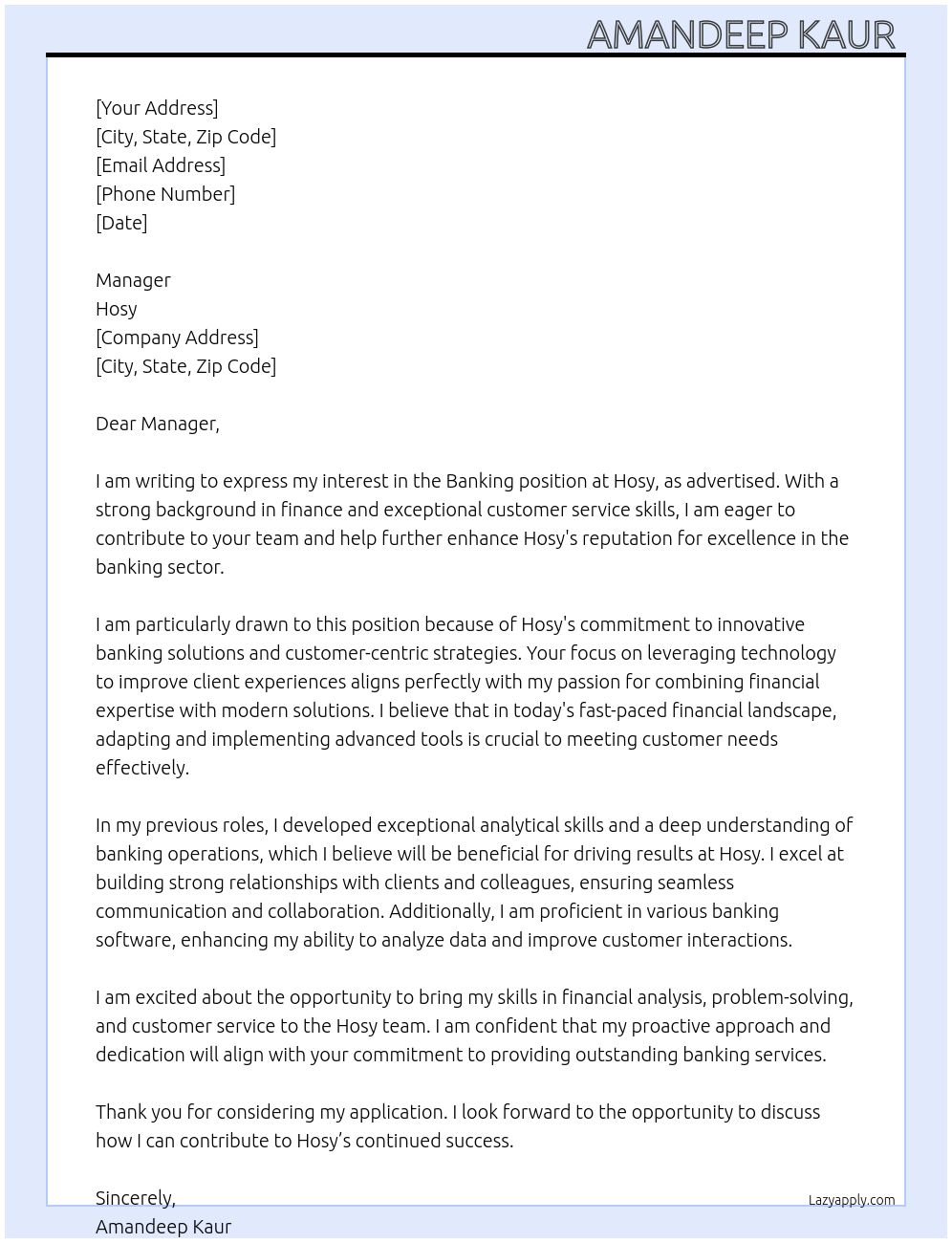 Banking At Hosy Cover Letter
