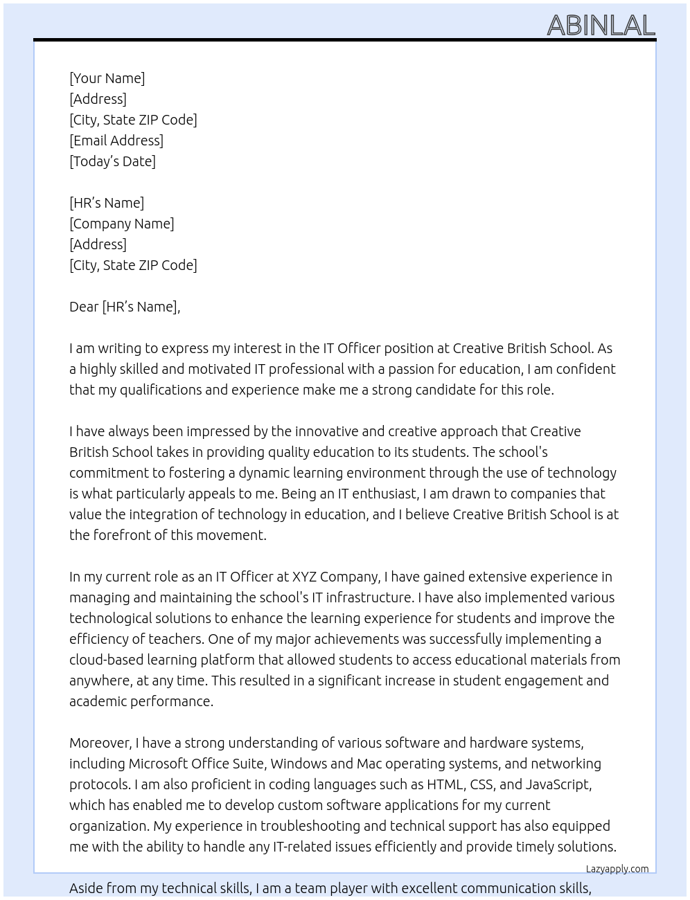 IT OFFICER At CREATIVE BRITISH SCHOOL Cover Letter