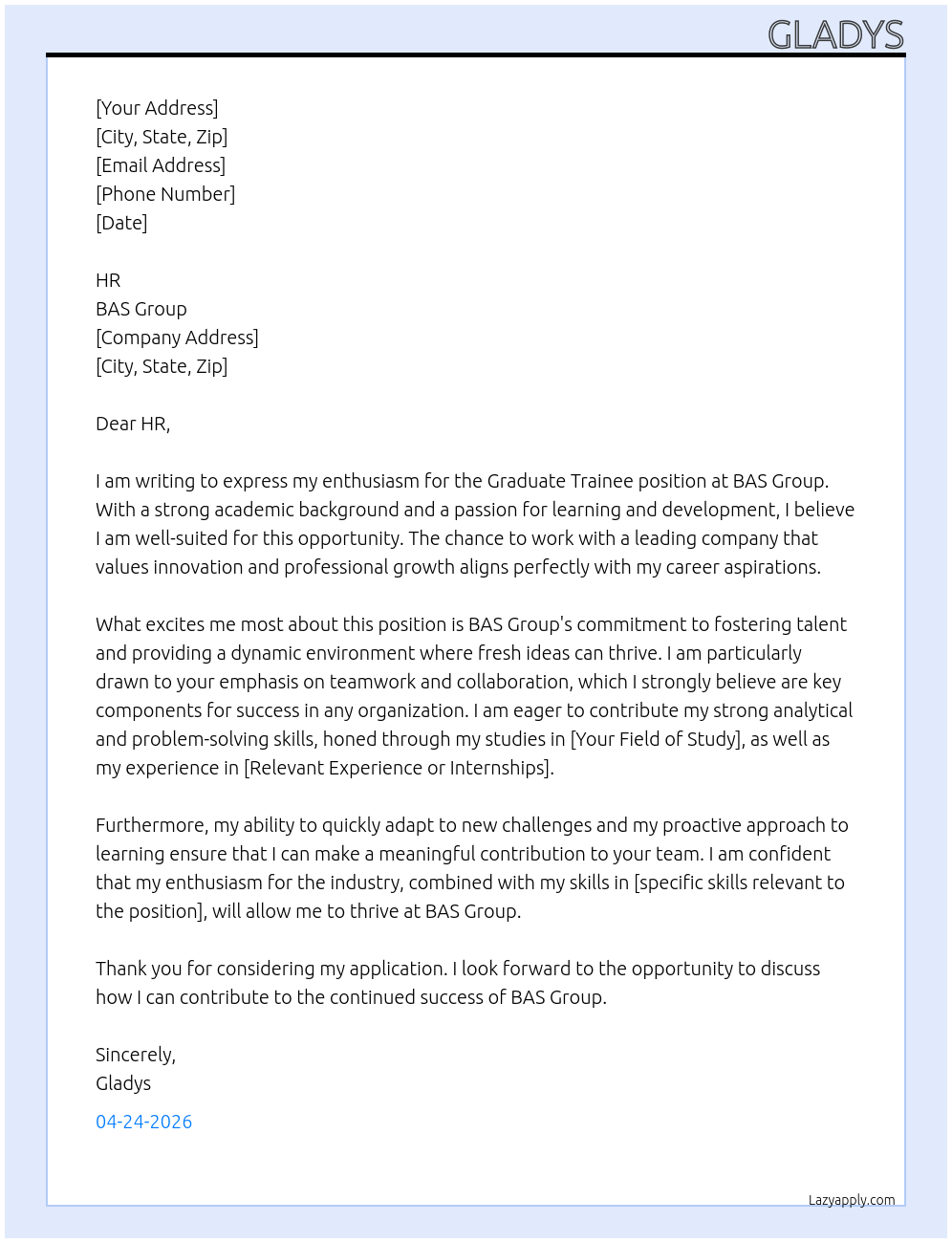 graduate trainee At BAS Group Cover Letter