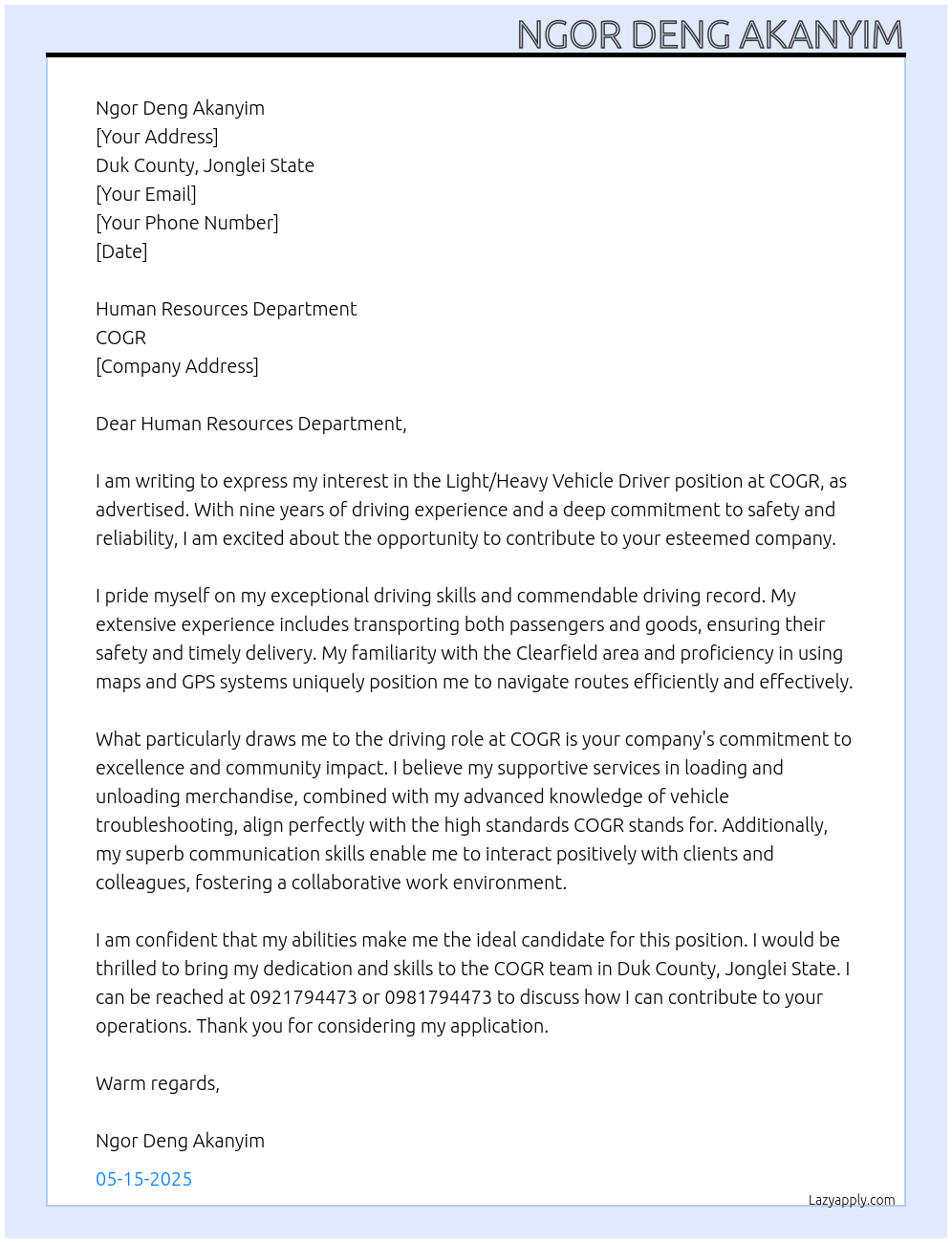 Light/Heavy Vehicle Driver At COGR Cover Letter