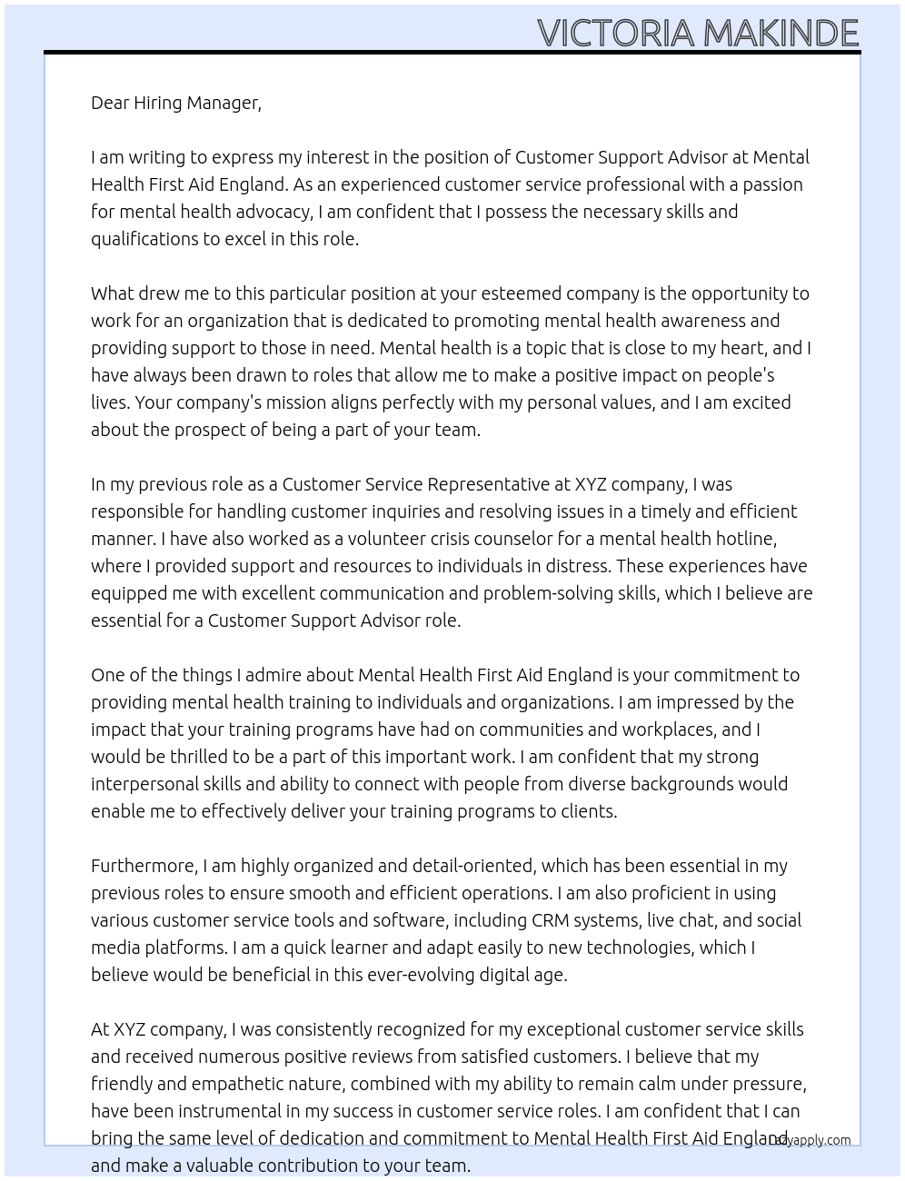 Customer Support Advisor At Mental health first aid england Cover Letter