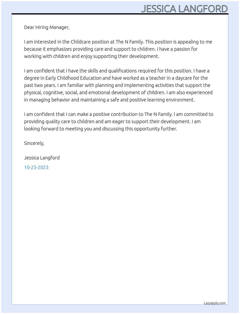 Childcare At The N Family Cover Letter