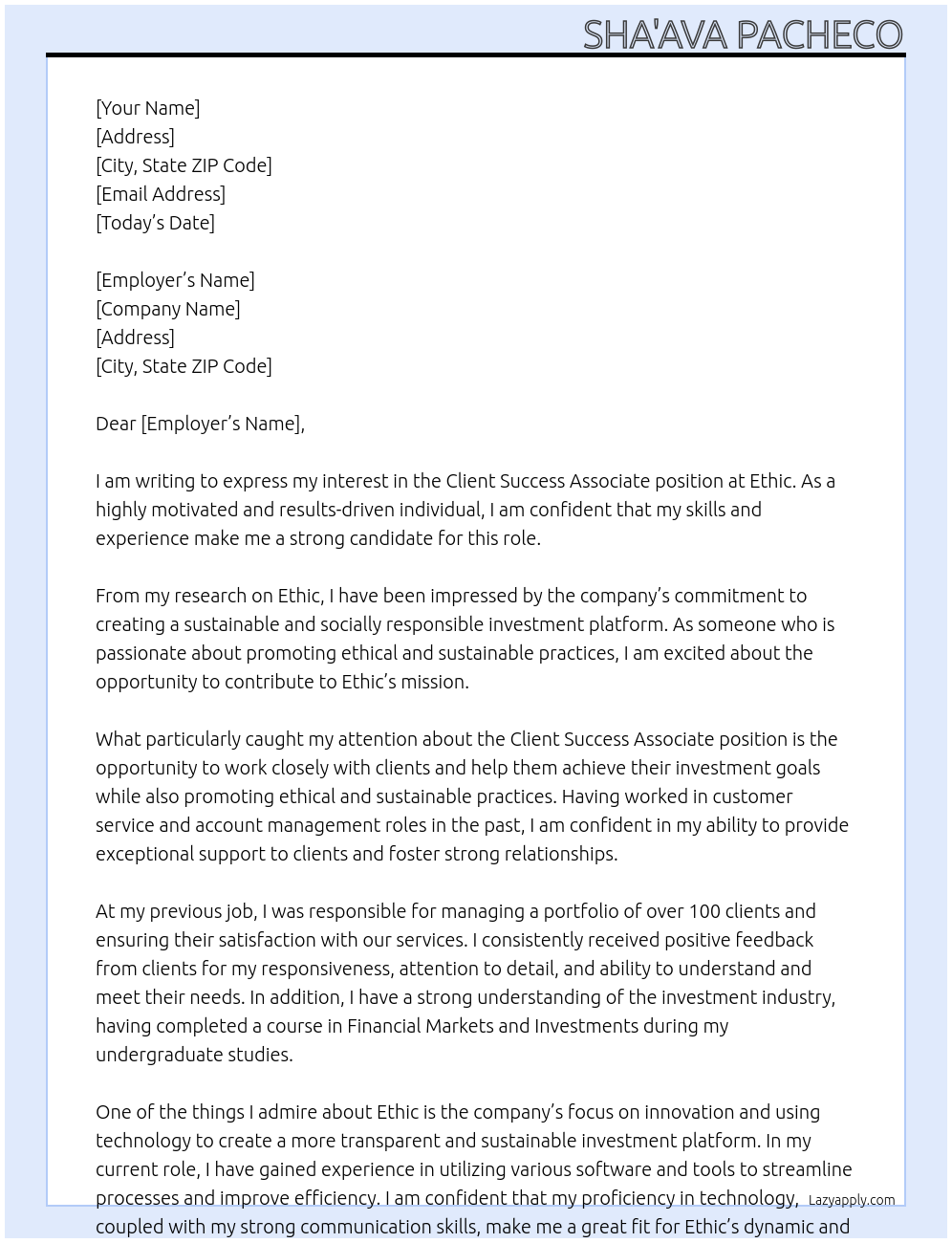 client success associate At Ethic Cover Letter