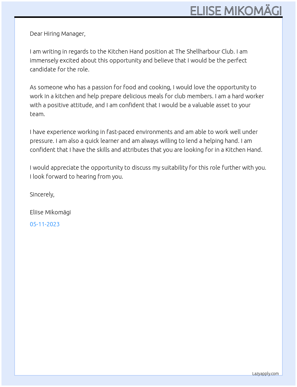 Kitchen Hand At The Shellharbour Club Cover Letter