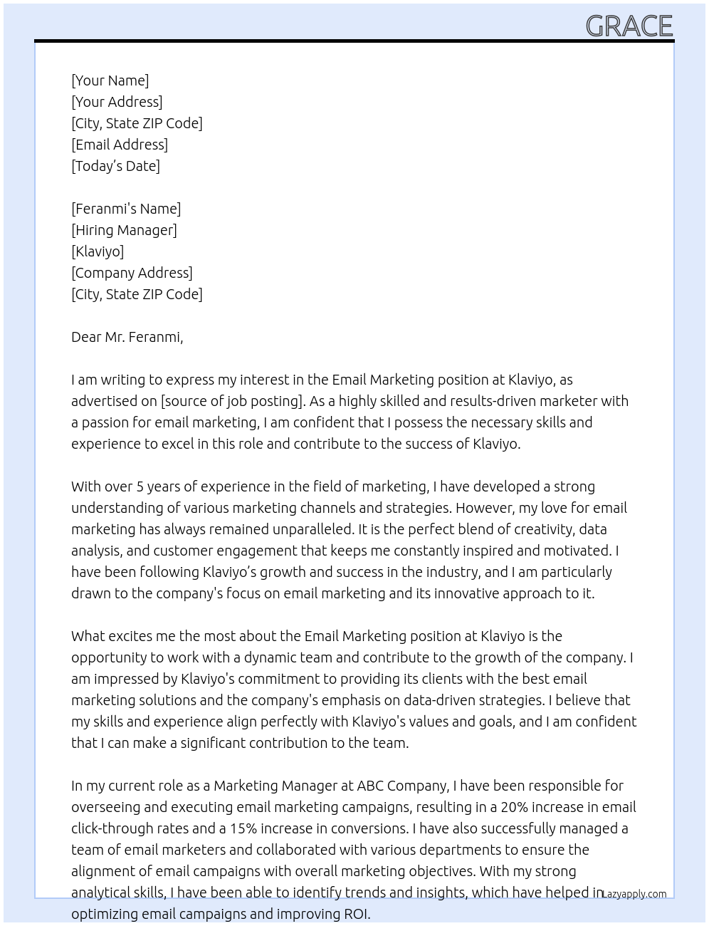 Email Marketing At Klaviyo Cover Letter
