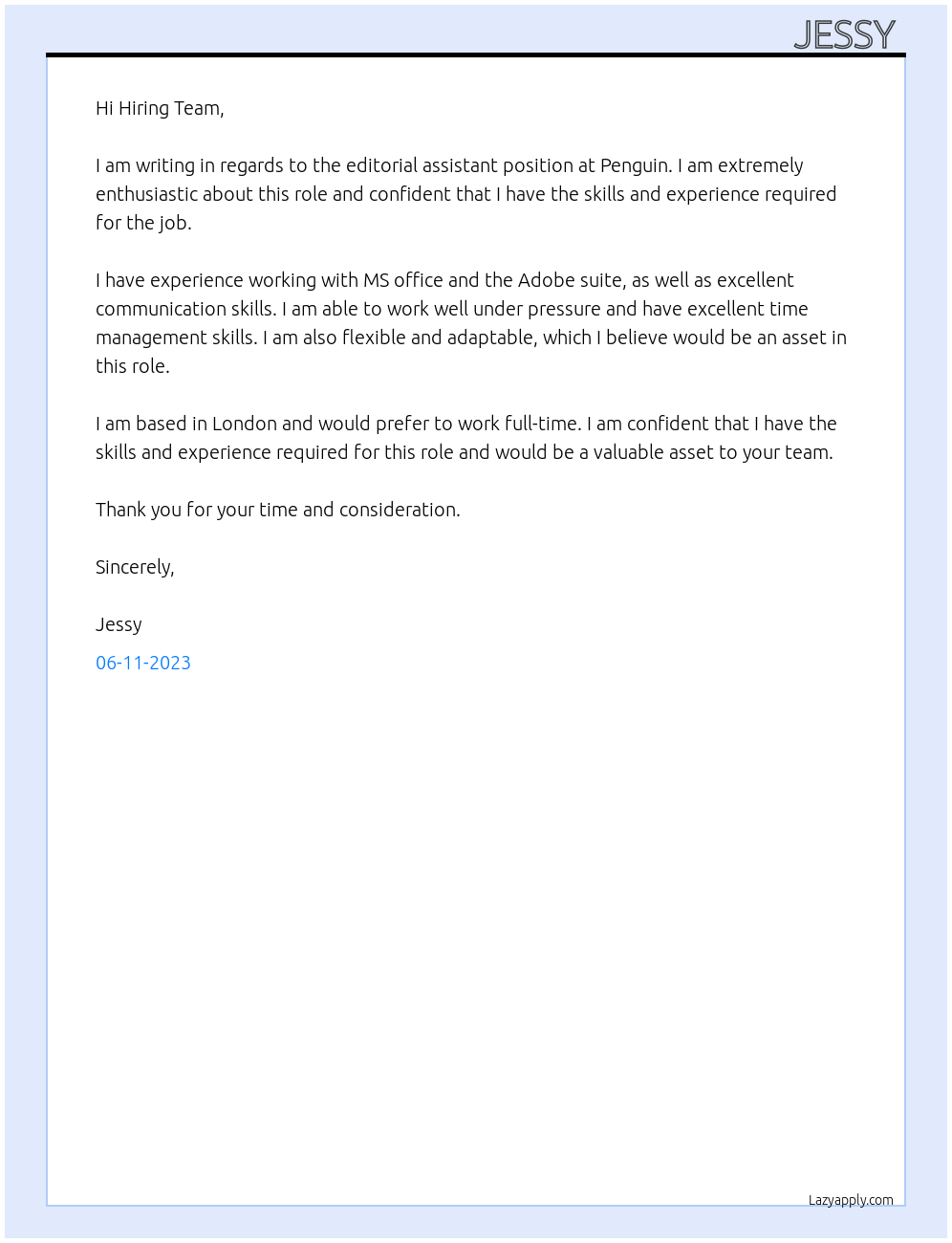 Editorial assistant  At Penguin  Cover Letter