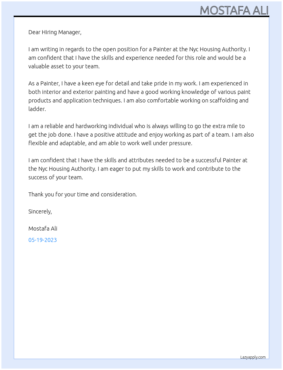Painter At Nyc Housing Authority Cover Letter