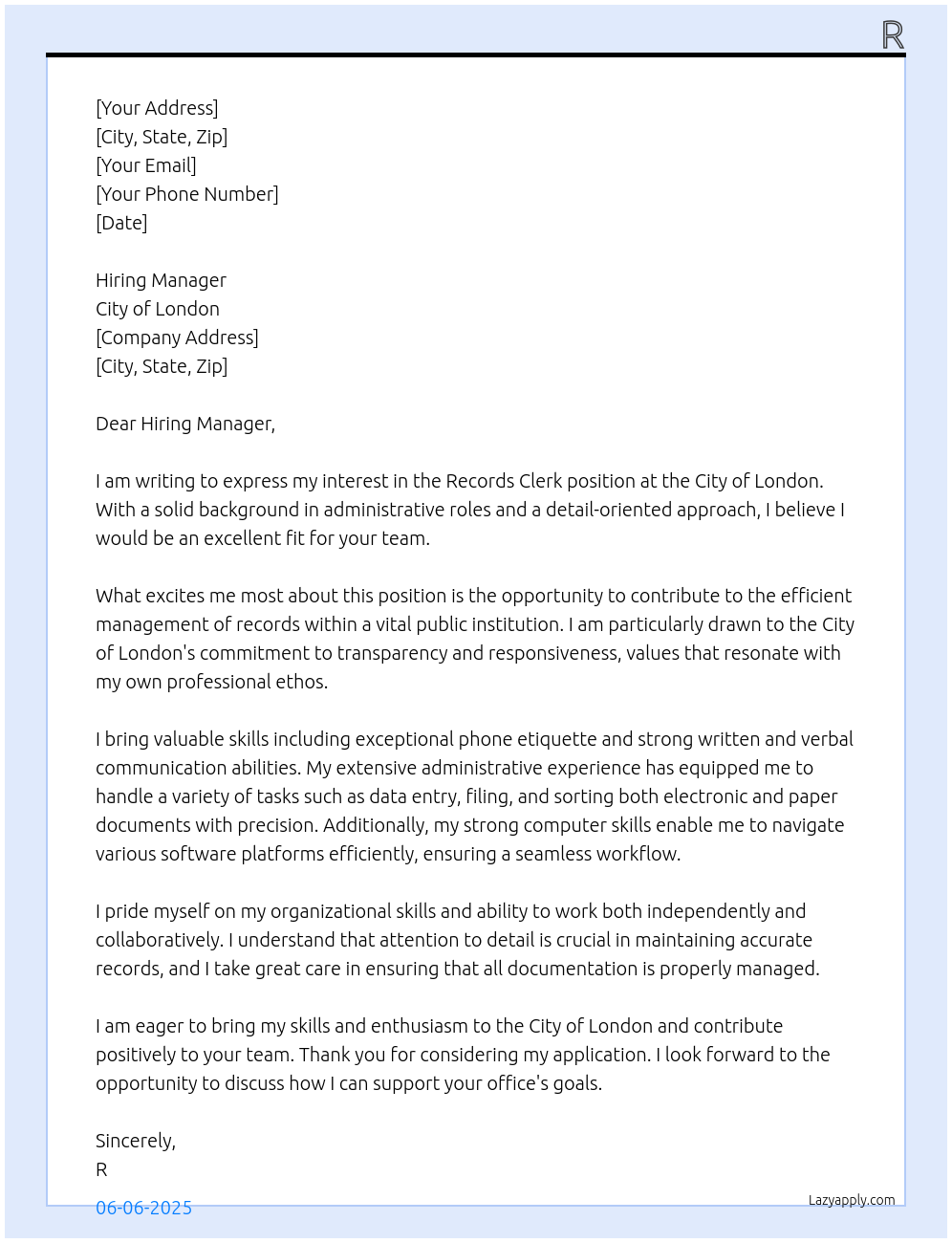 Cover letter for records clerk - LazyApply