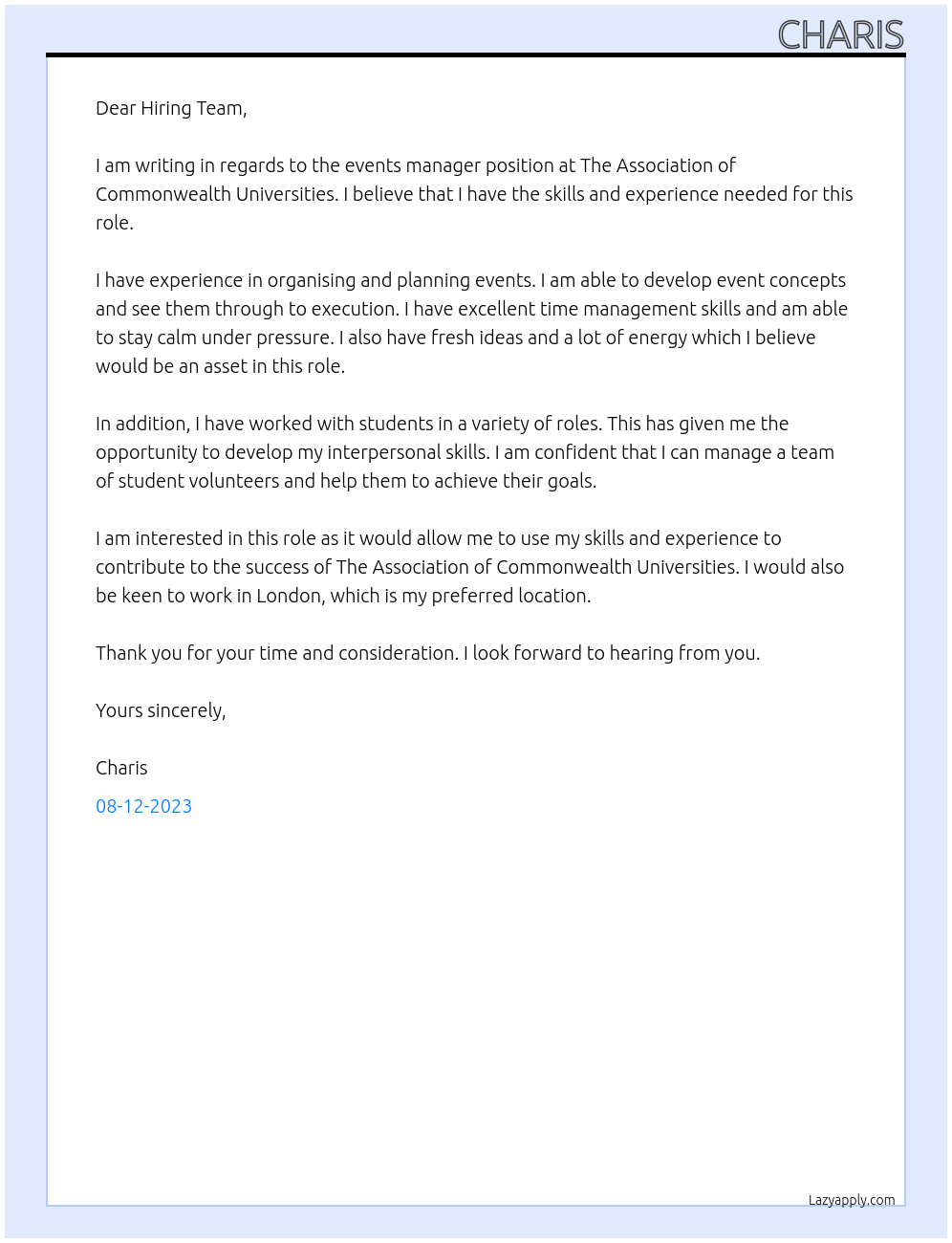 Events Manager At The Association of Commonwealth Univerisites Cover Letter
