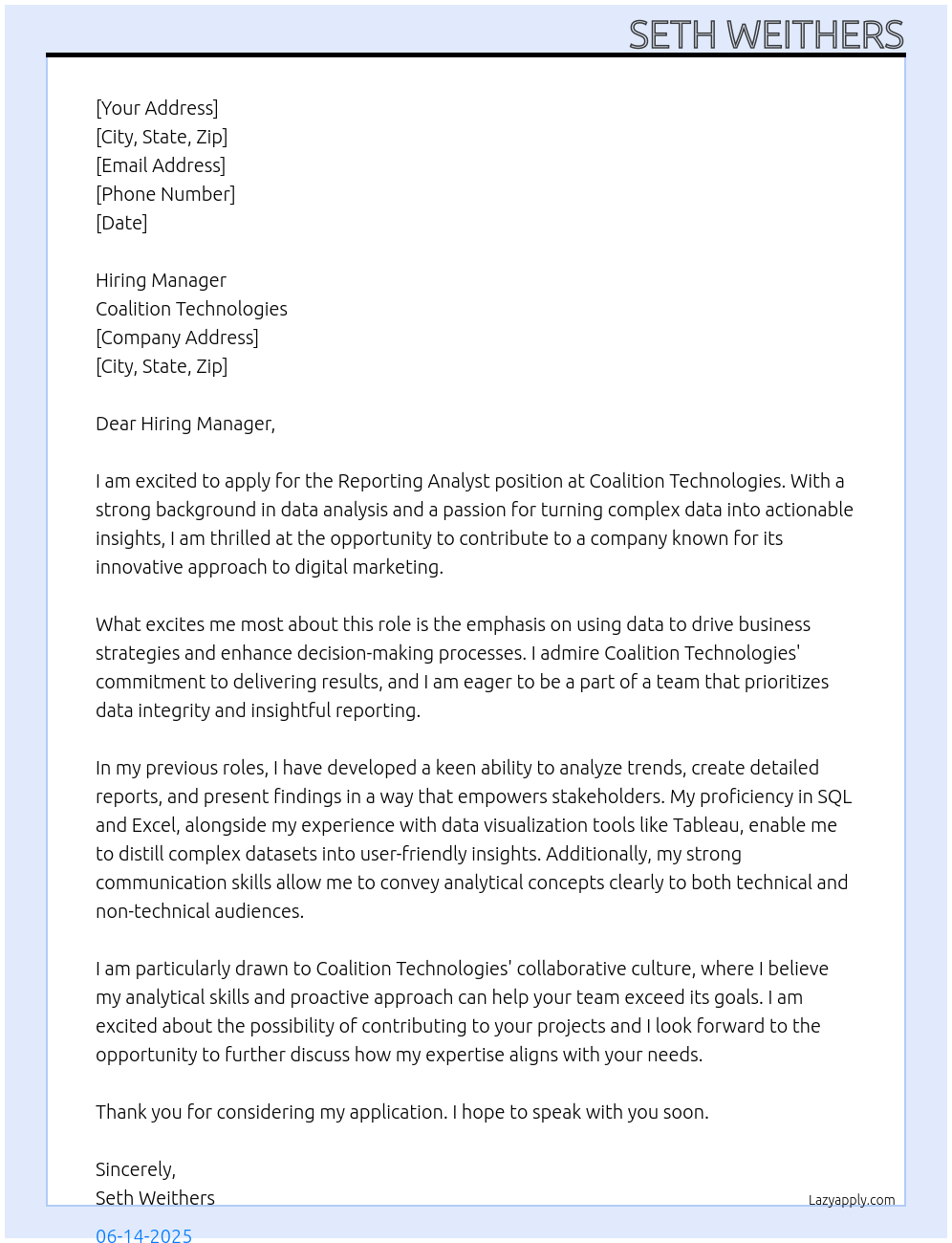 Cover letter for reporting analyst - LazyApply