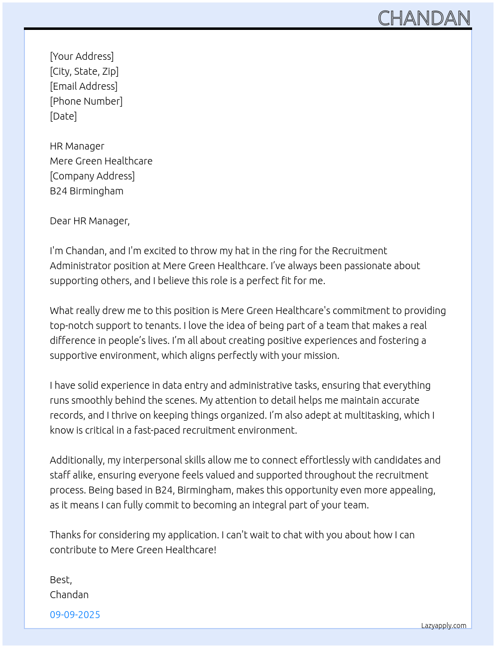 Cover letter for recruitment administrator - LazyApply