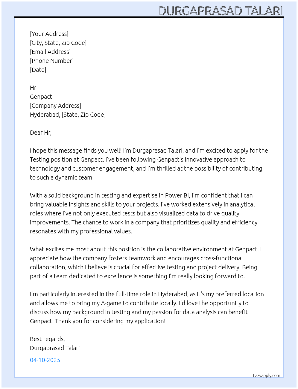 Testing  At Genpact  Cover Letter