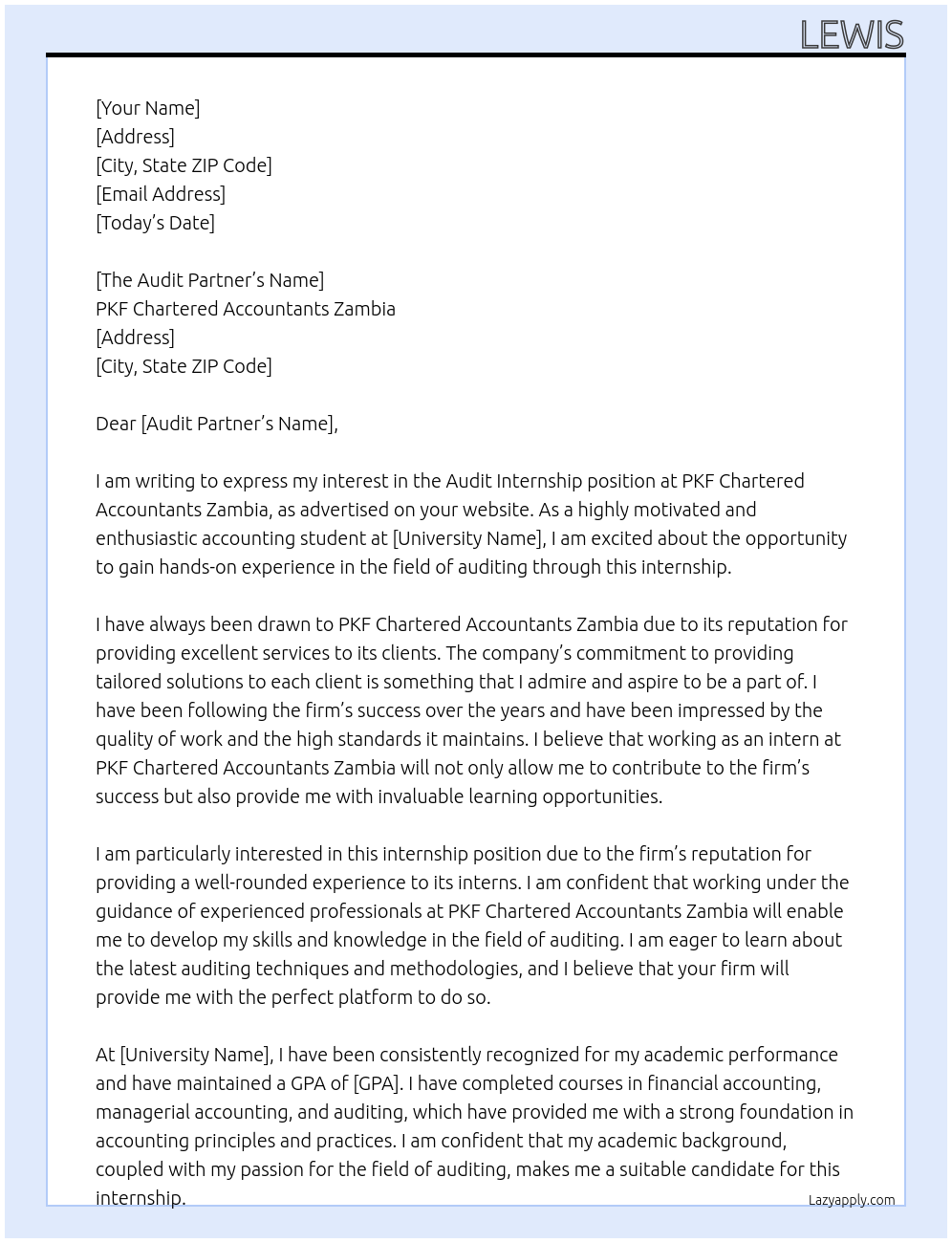 Audit internship  At PKF Chartered Accountants Zambia Cover Letter