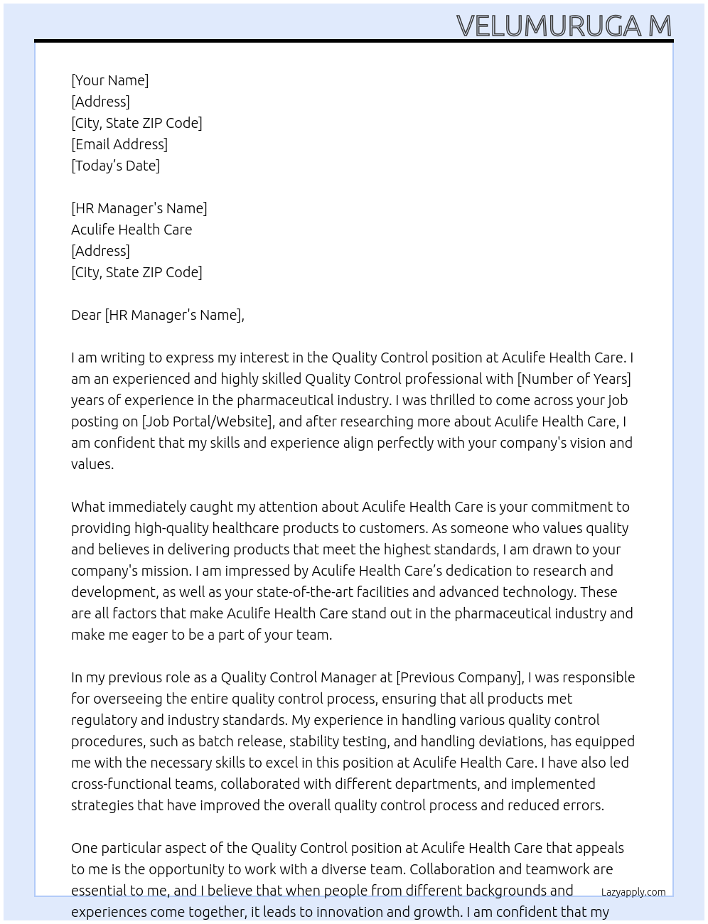 Quality control At Aculife health care Cover Letter