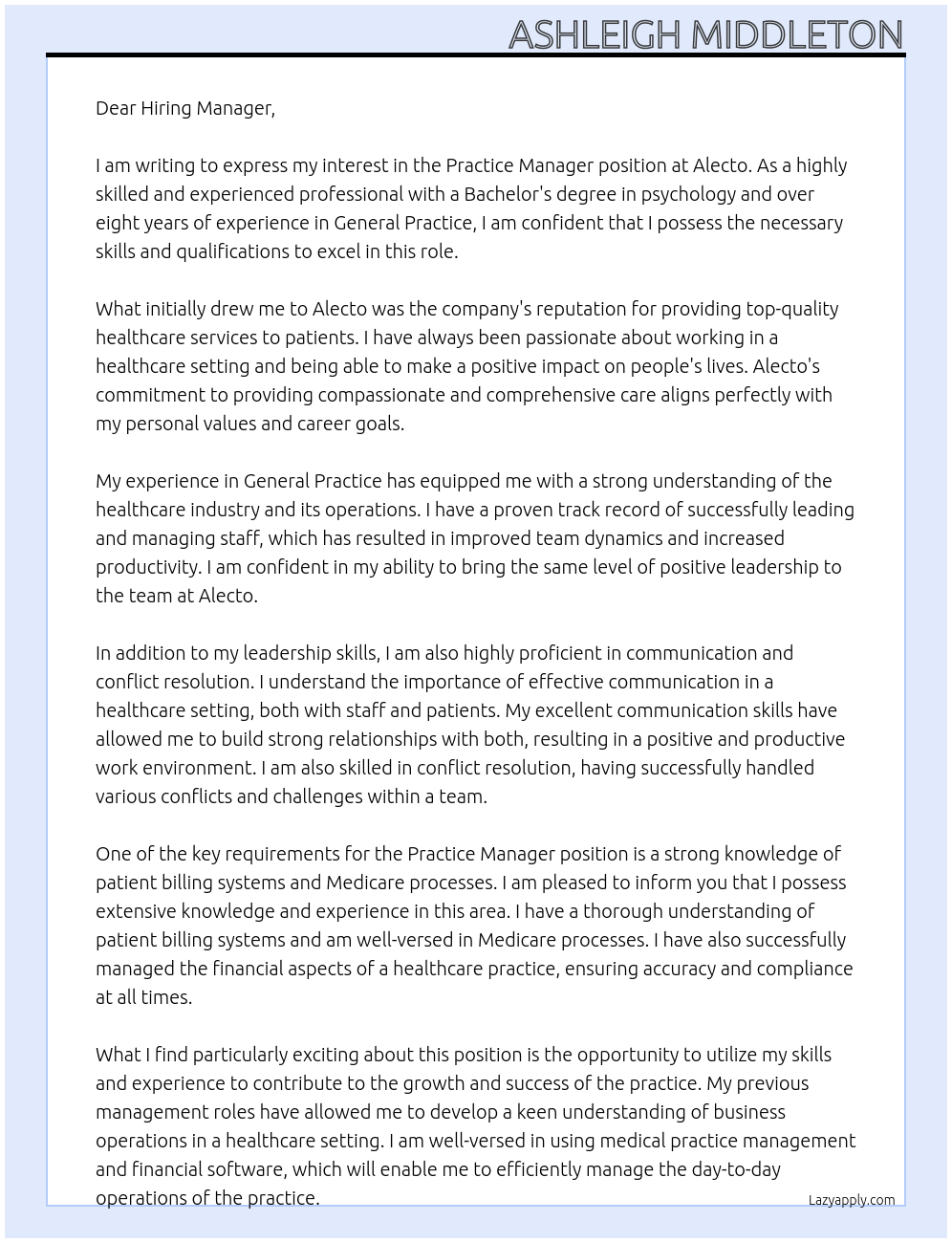 Practice Manager At Alecto Cover Letter