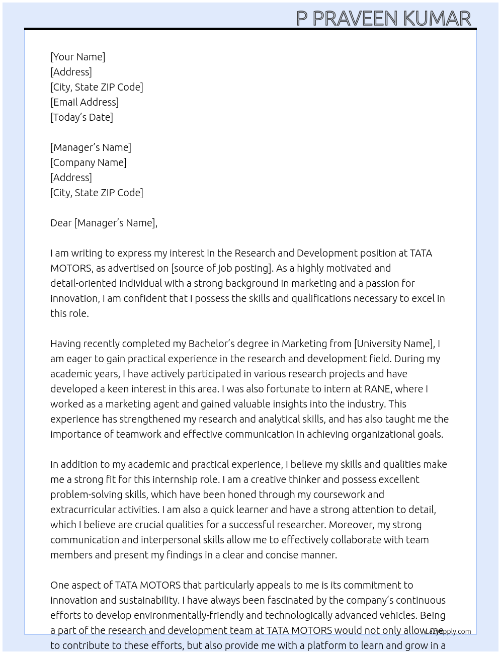 Research and development At TATA MOTORS Cover Letter