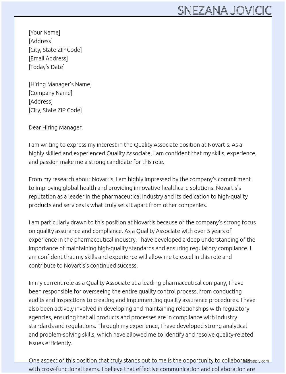 Quality Associate At Novartis Cover Letter