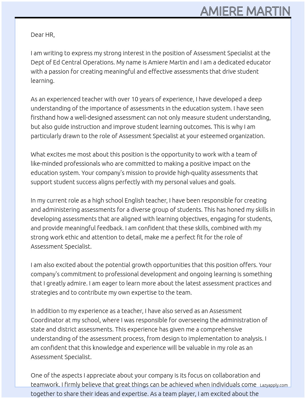 Assessment Specialist At Dept of Ed Central Operations Cover Letter