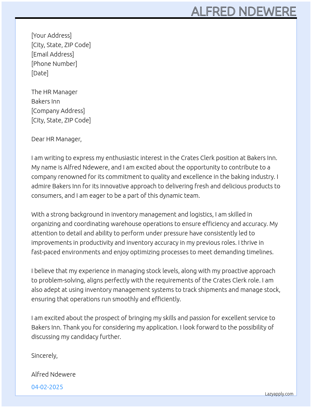 Crates Clerk At Bakers Inn Cover Letter