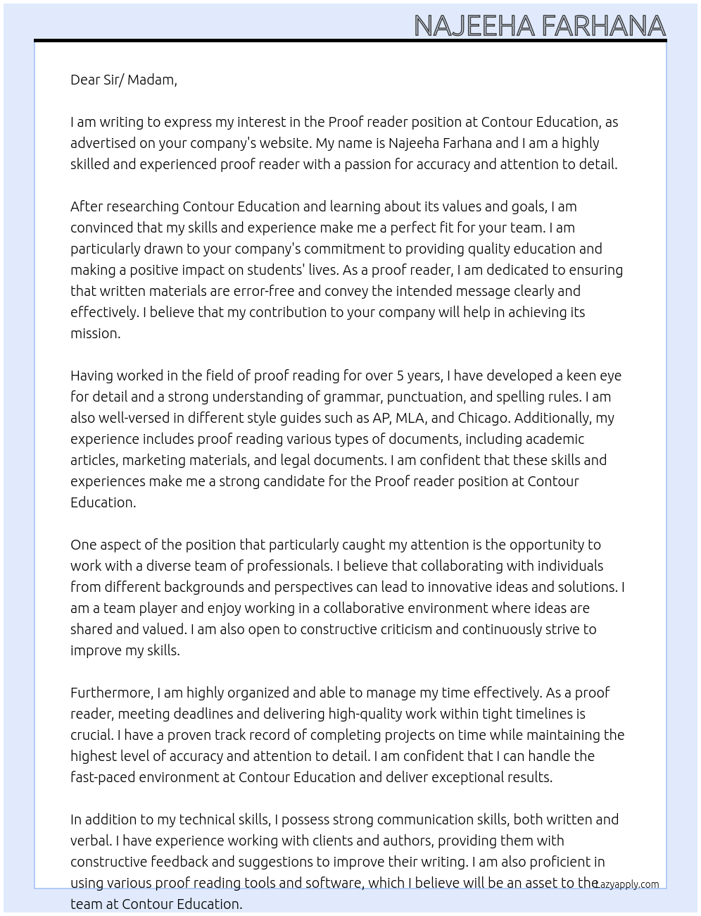 Proof reader At Contour Education Cover Letter