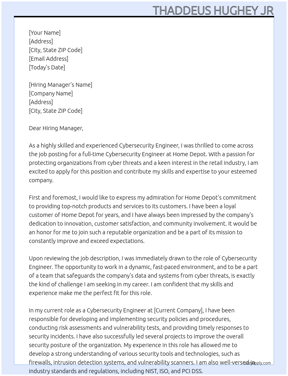 Cybersecurity Engineer At Home Depot Cover Letter