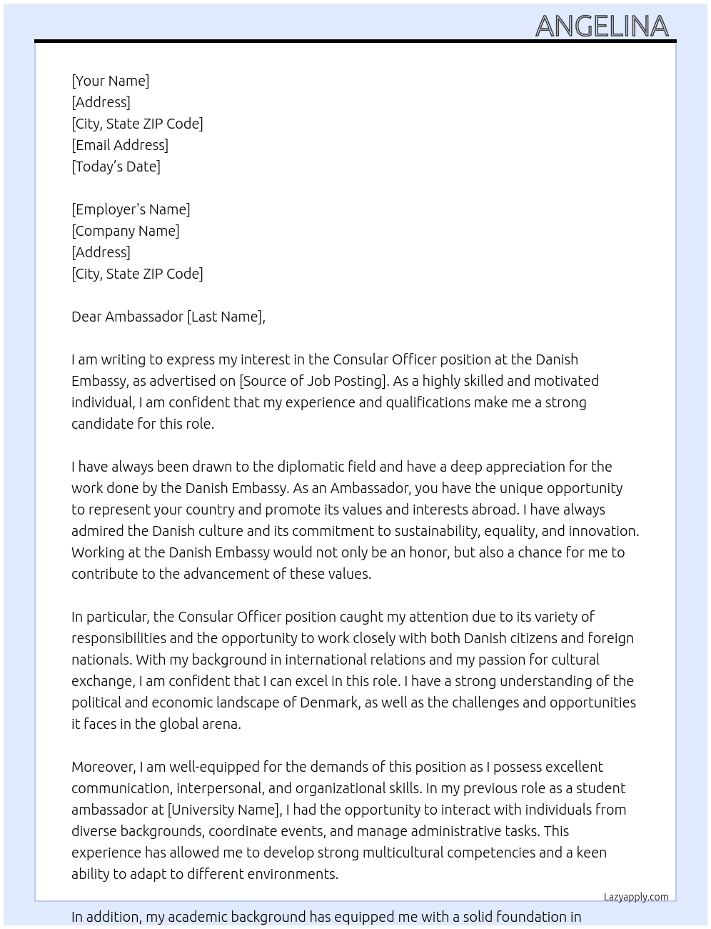 Consular Officer  At Danish embassy  Cover Letter