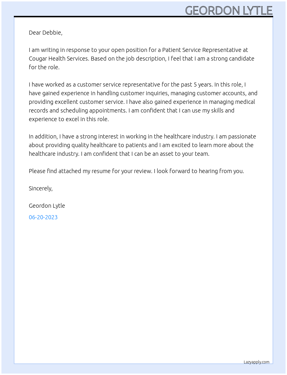 Patient service representative At Cougar Health Services Cover Letter