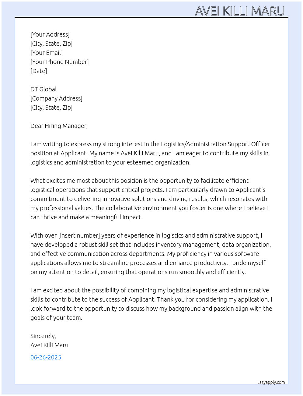 Logistics/Administration support officer  At Applicant Cover Letter