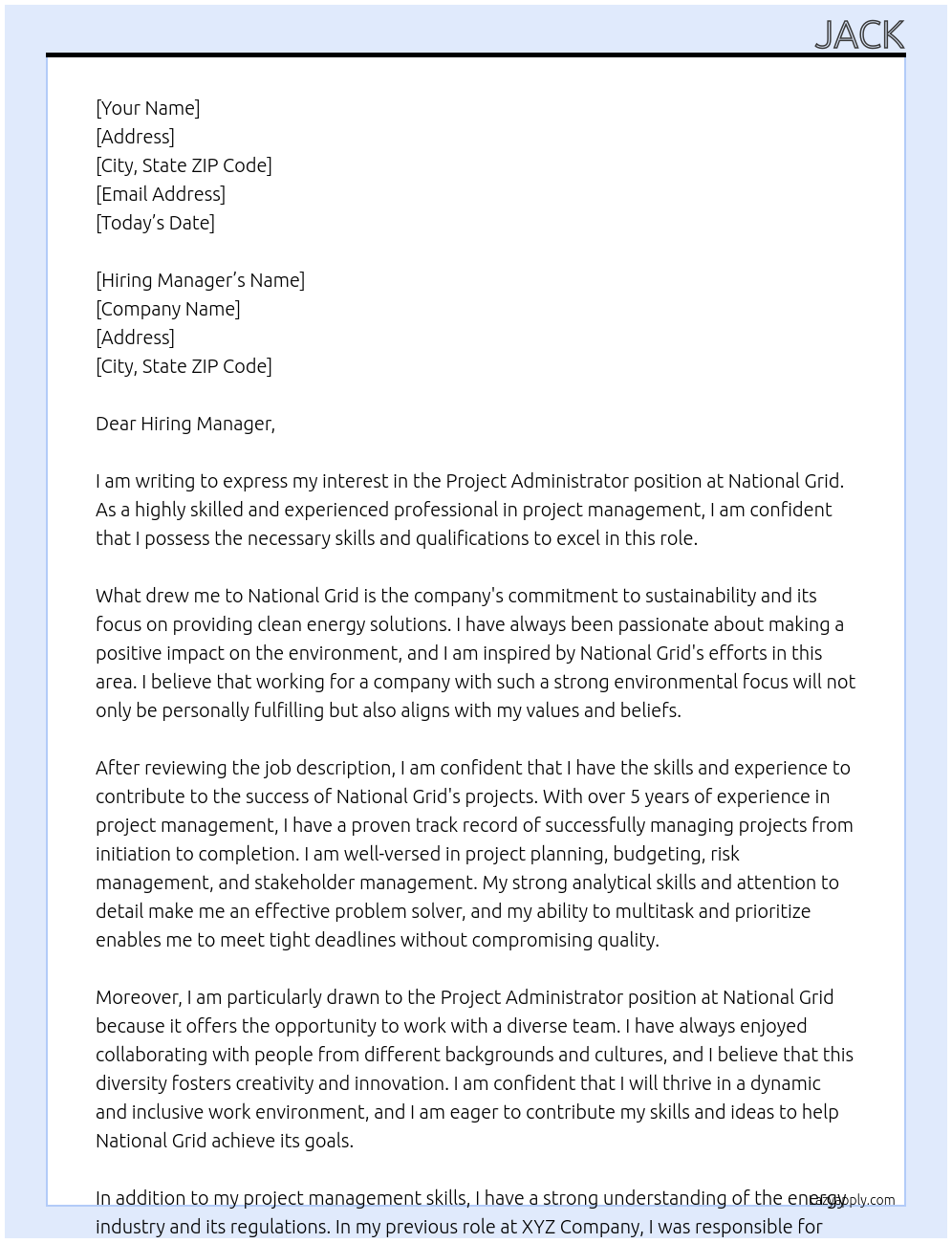 Project Administrator At National Grid Cover Letter