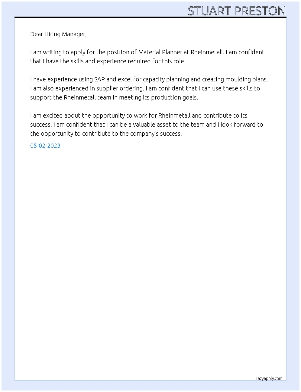 Material Planner At Rheinmetall Cover Letter