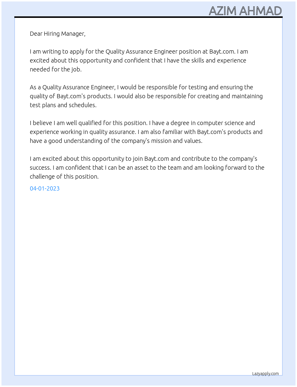 Quality assurance engineer  At Bayt.com Cover Letter