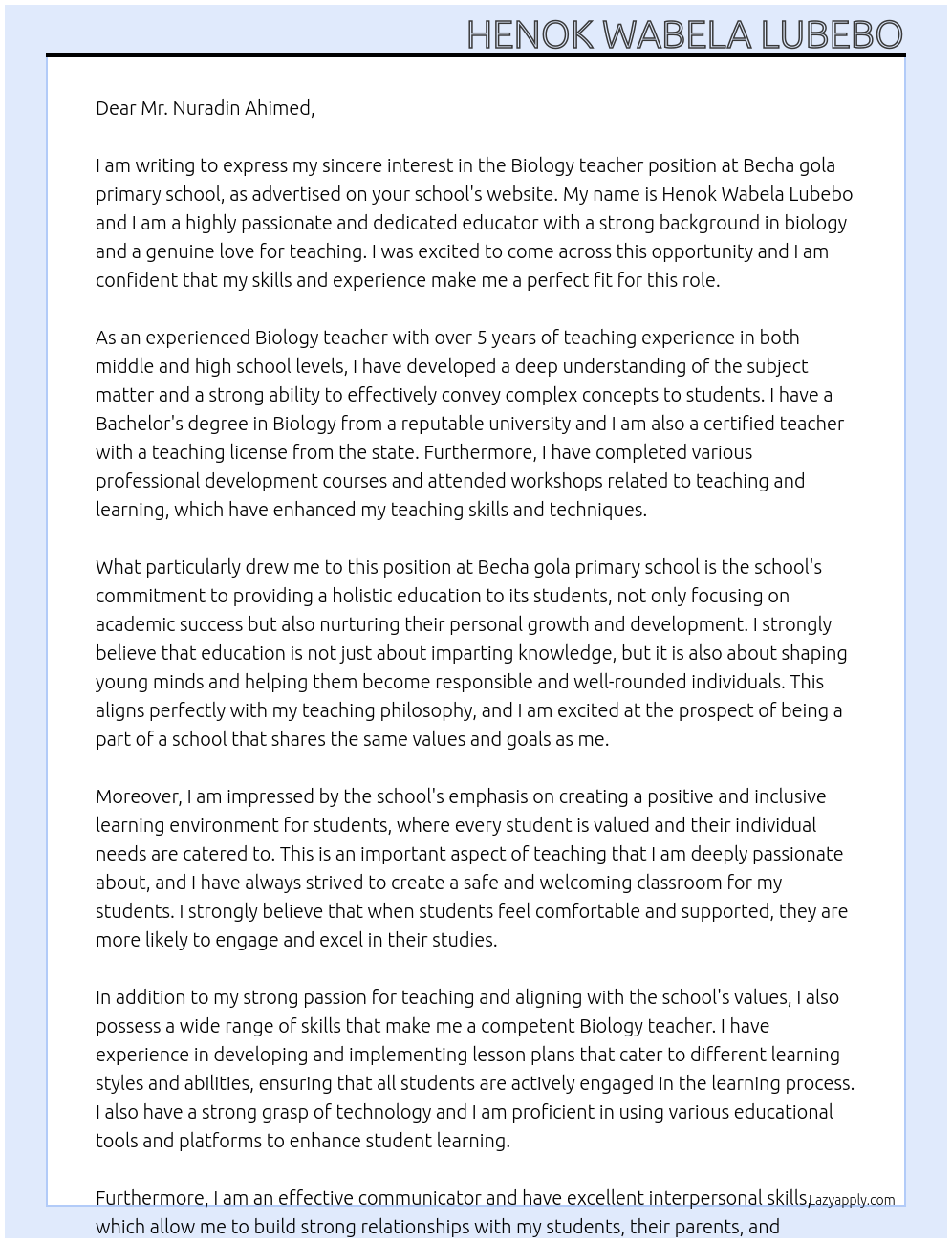 Biology teacher At Becha gola primary school Cover Letter