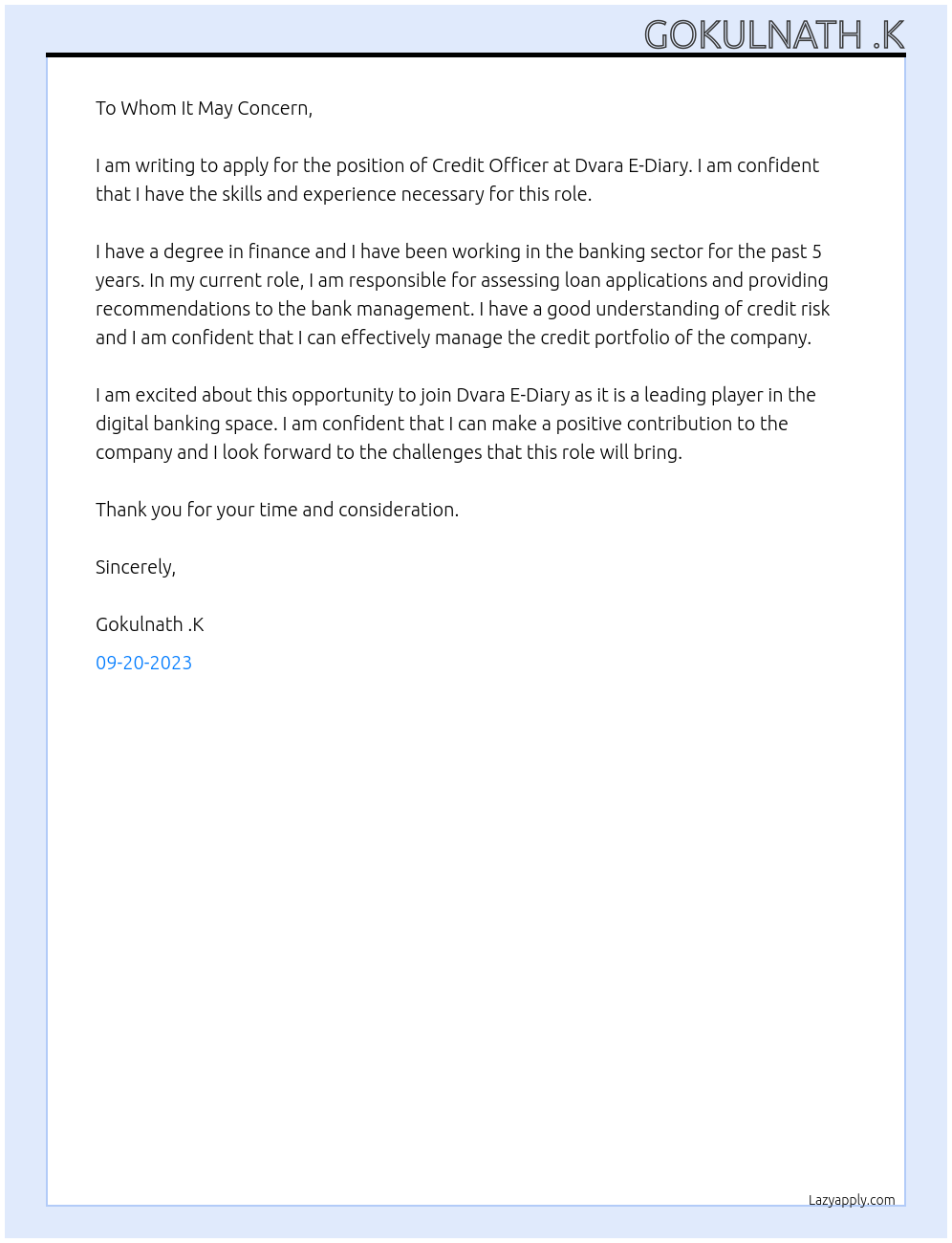 Credit officer At Dvara E - Diary Cover Letter