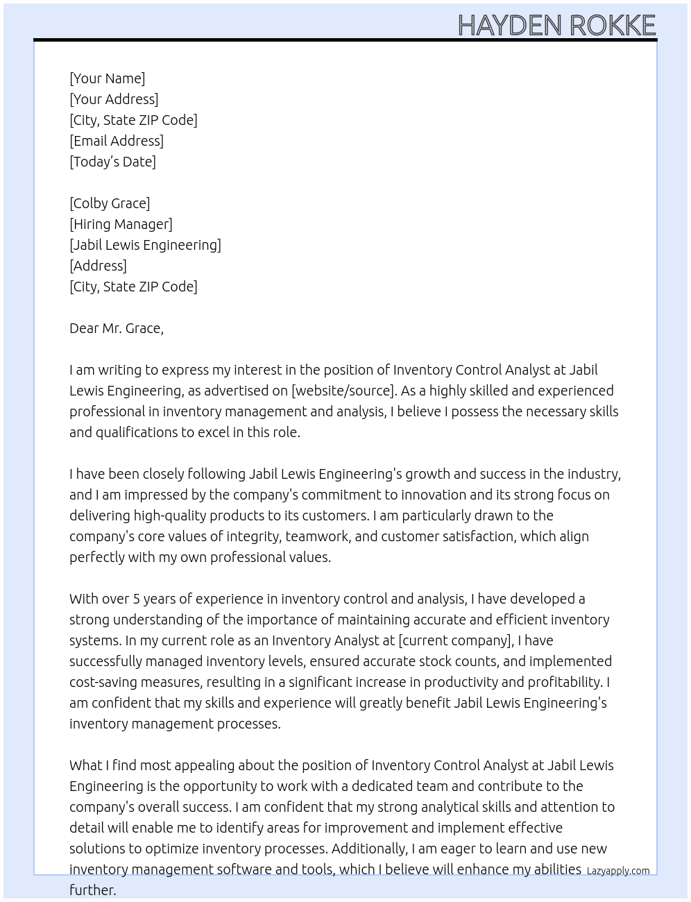 Inventory Control Analyst At Jabil Lewis Engineering Cover Letter