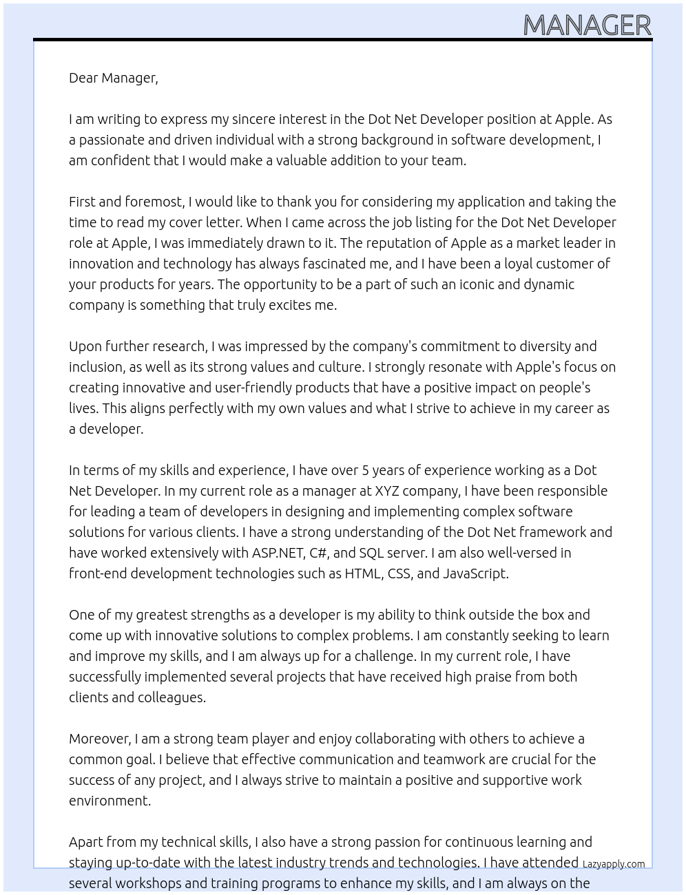 dot net developer At apple Cover Letter