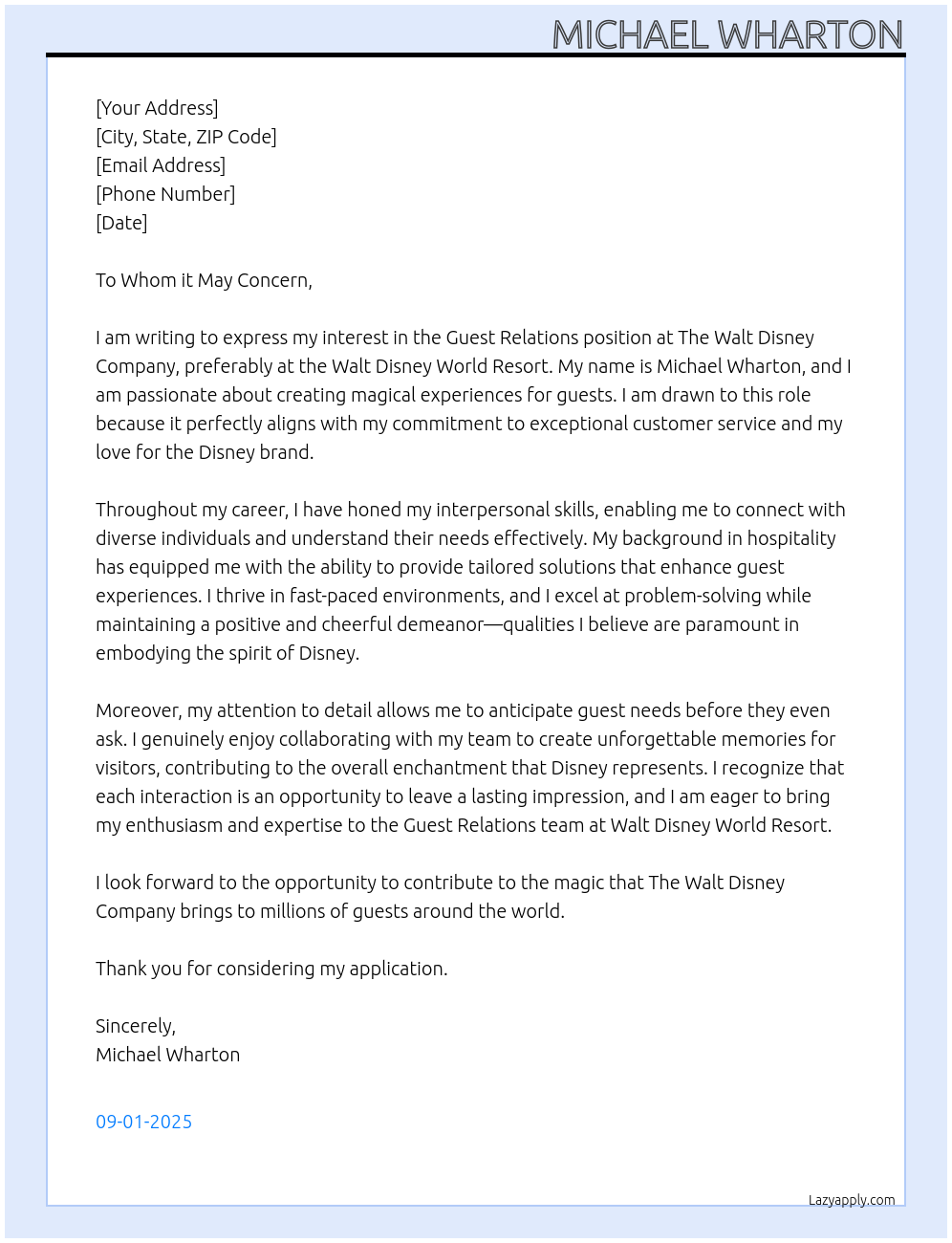 Guest Relations At The Walt Disney Company Cover Letter