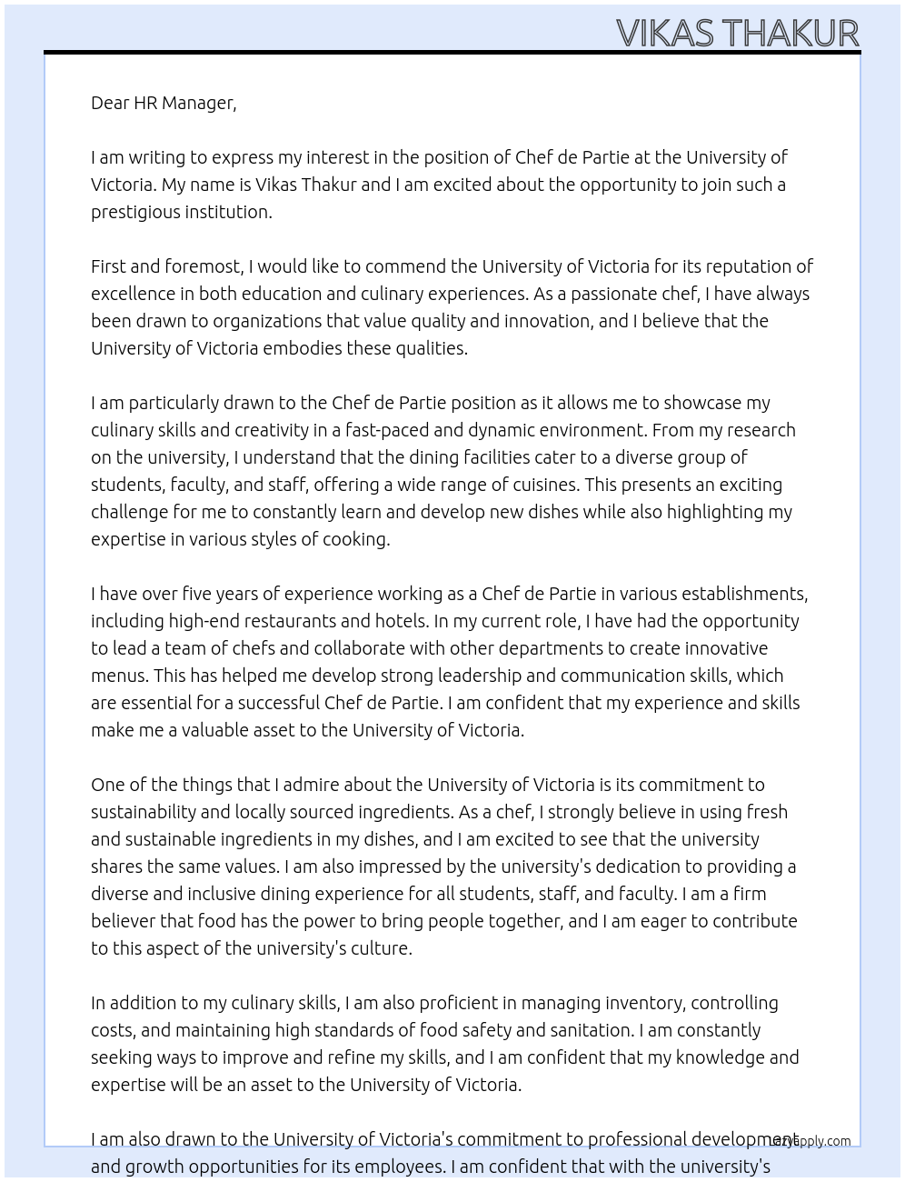 Chef de Partie At University of Victoria Cover Letter