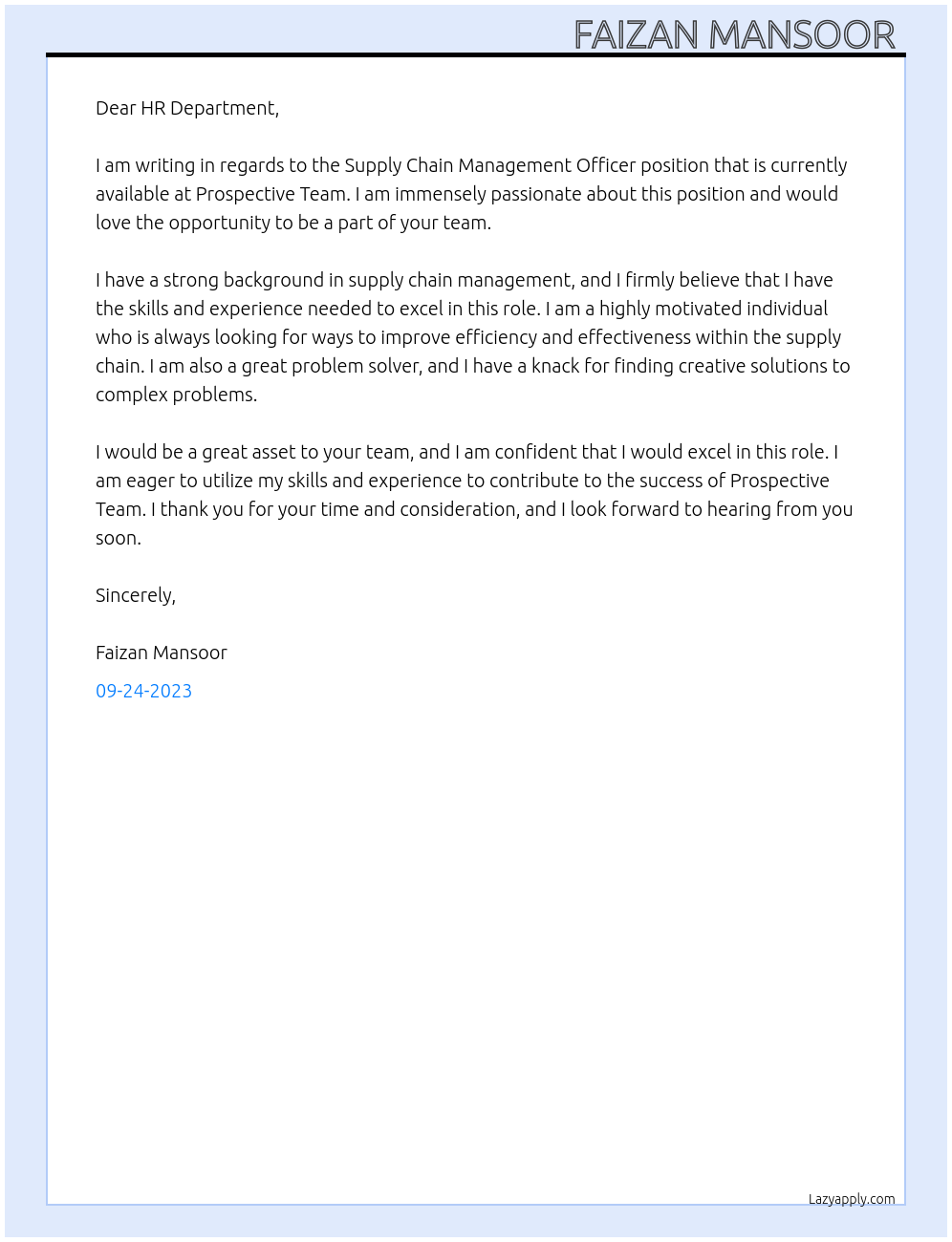 Supply Chain Management Officer  At Prospective Team Cover Letter