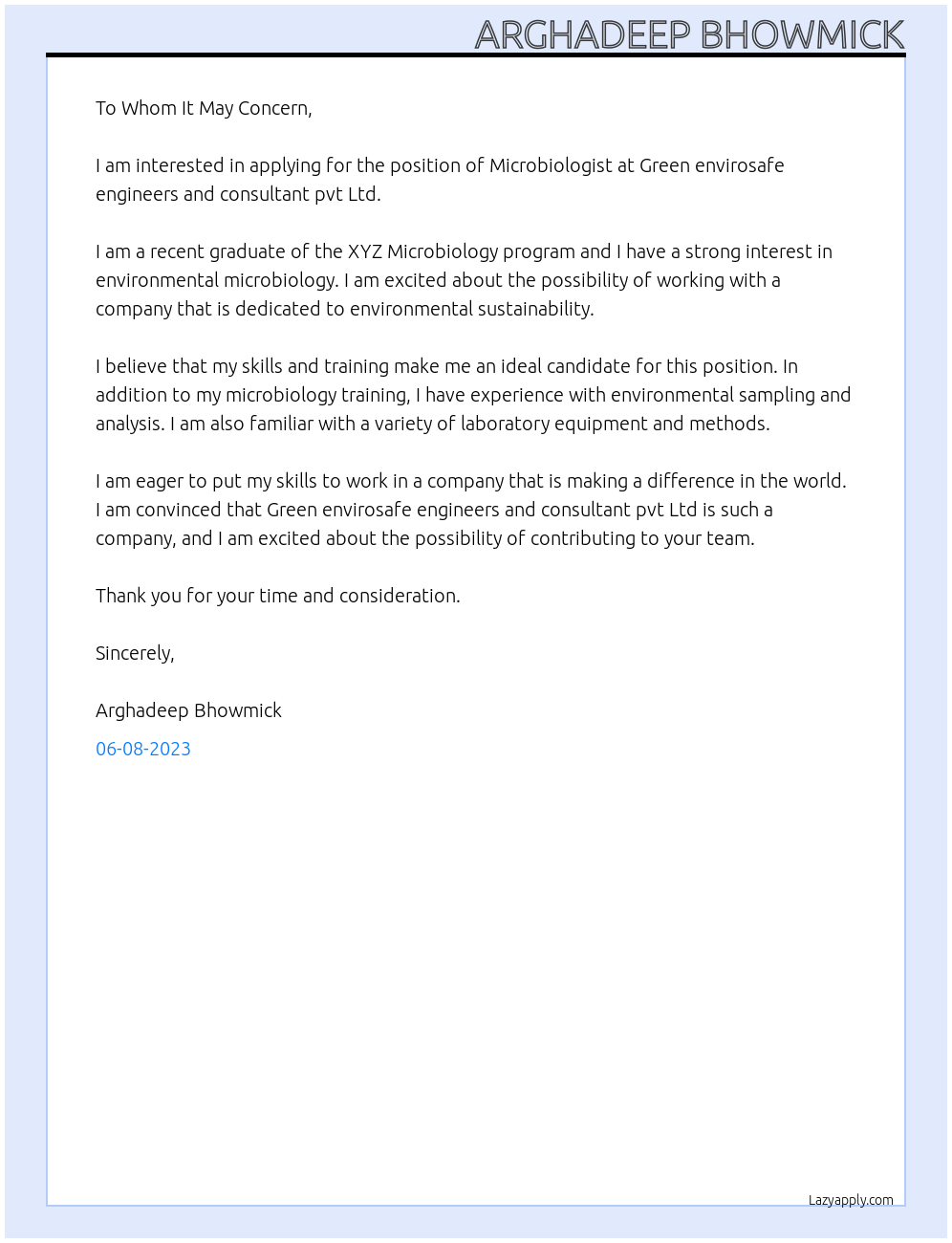 Microbiologist At Green envirosafe engineers and consultant pvt Ltd Cover Letter