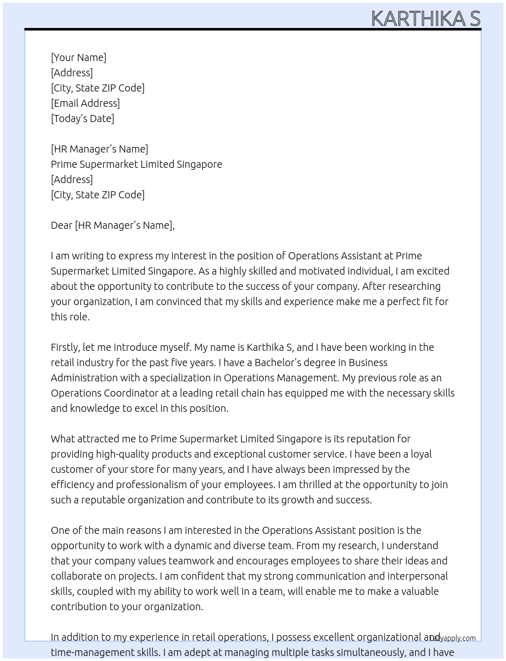 Operations Assistant At Prime Supermarket Limited Singapore Cover Letter