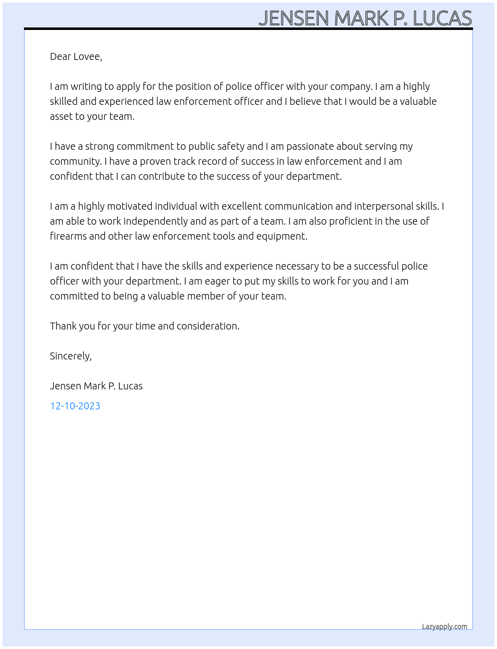 Police Officer At lovee Cover Letter