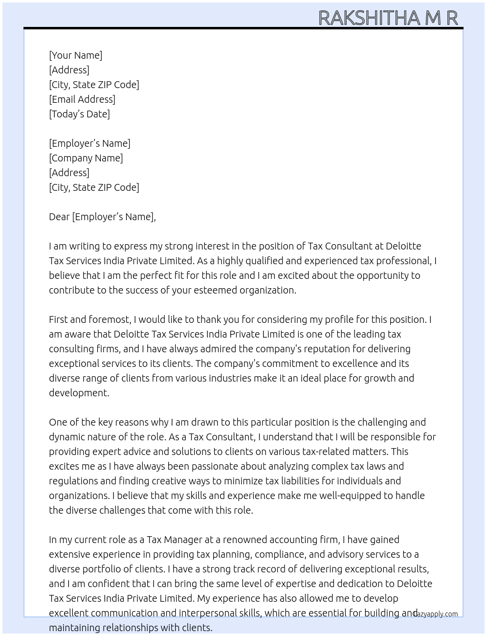 Tax Consultant At Deloitte Tax Services India Private Limited Cover Letter