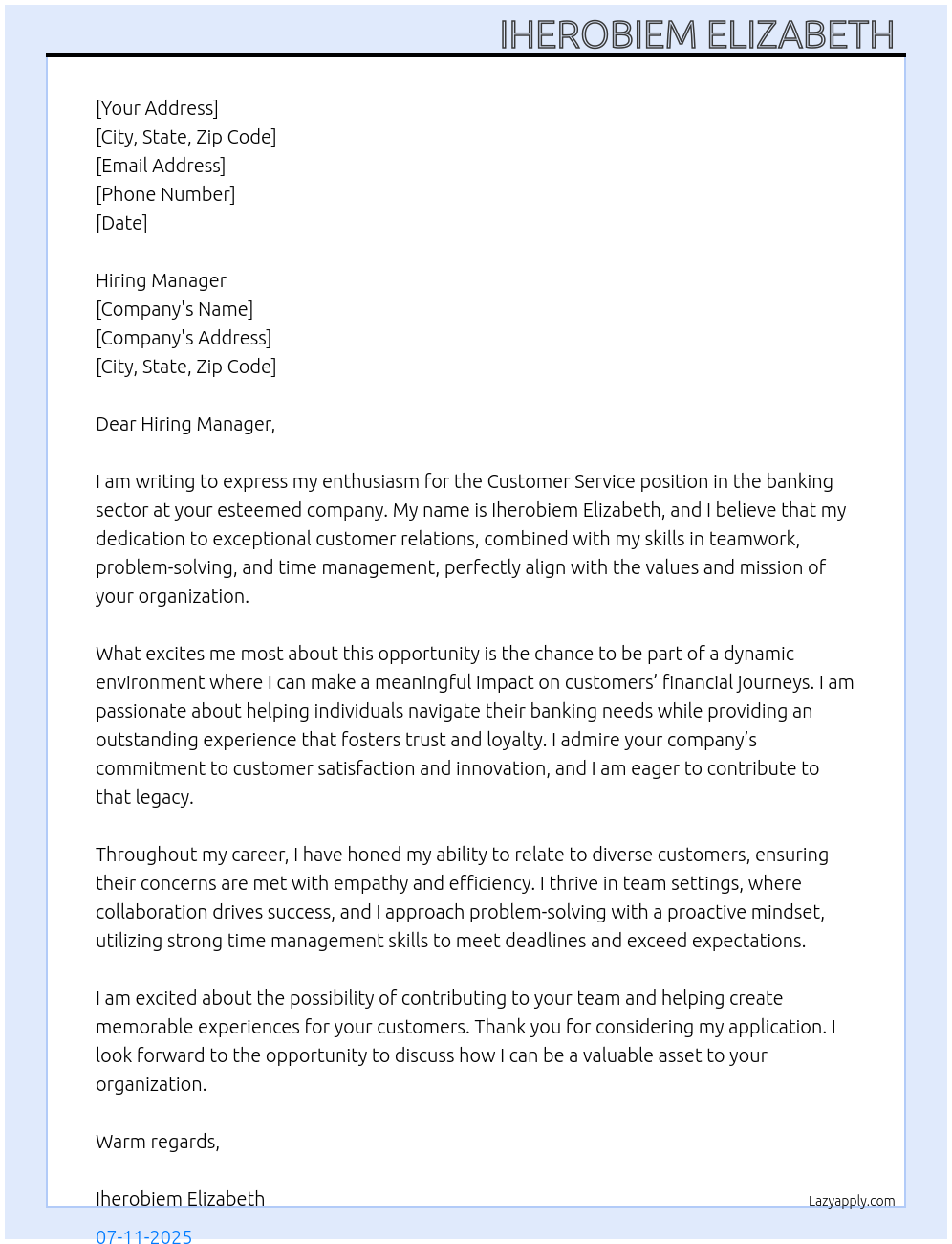 Customer service At Banking sector Cover Letter