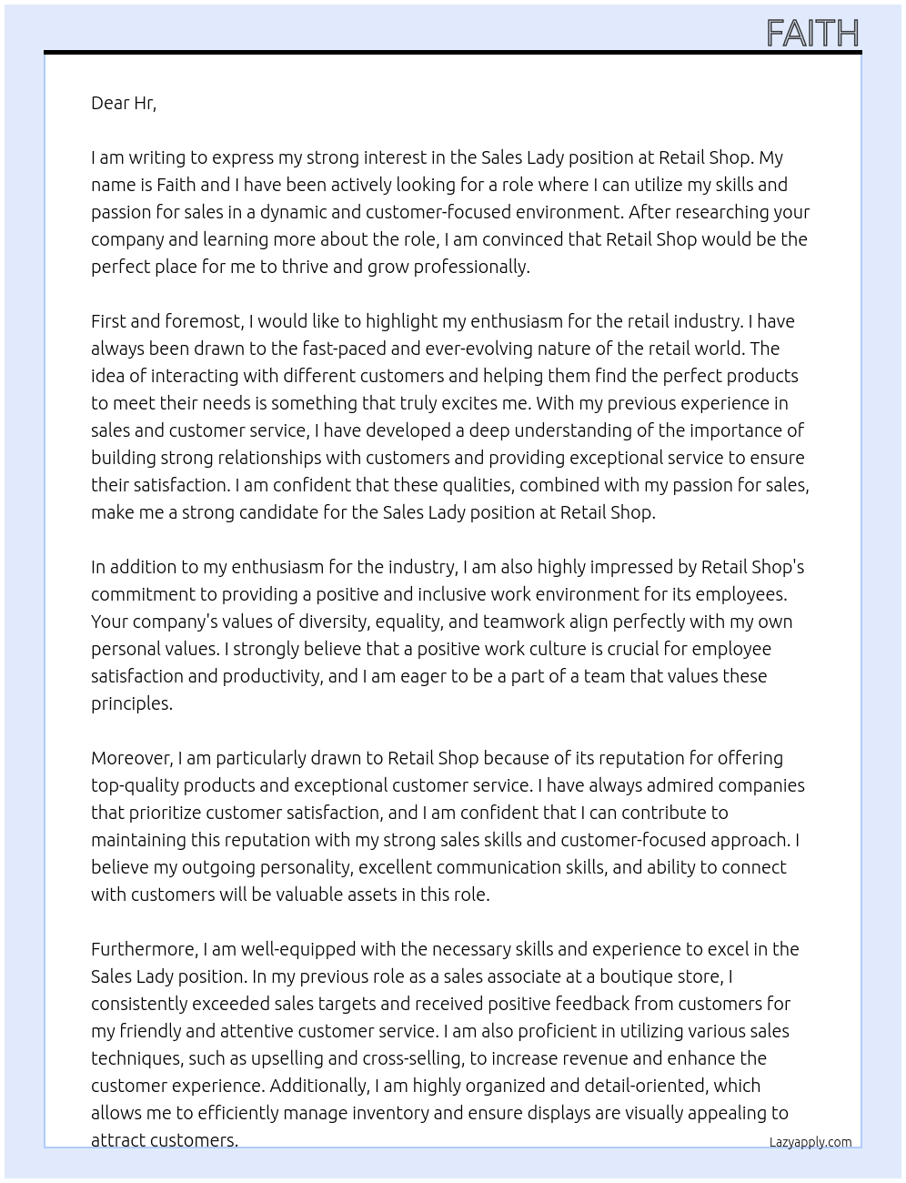 Sales lady At Retail shop Cover Letter