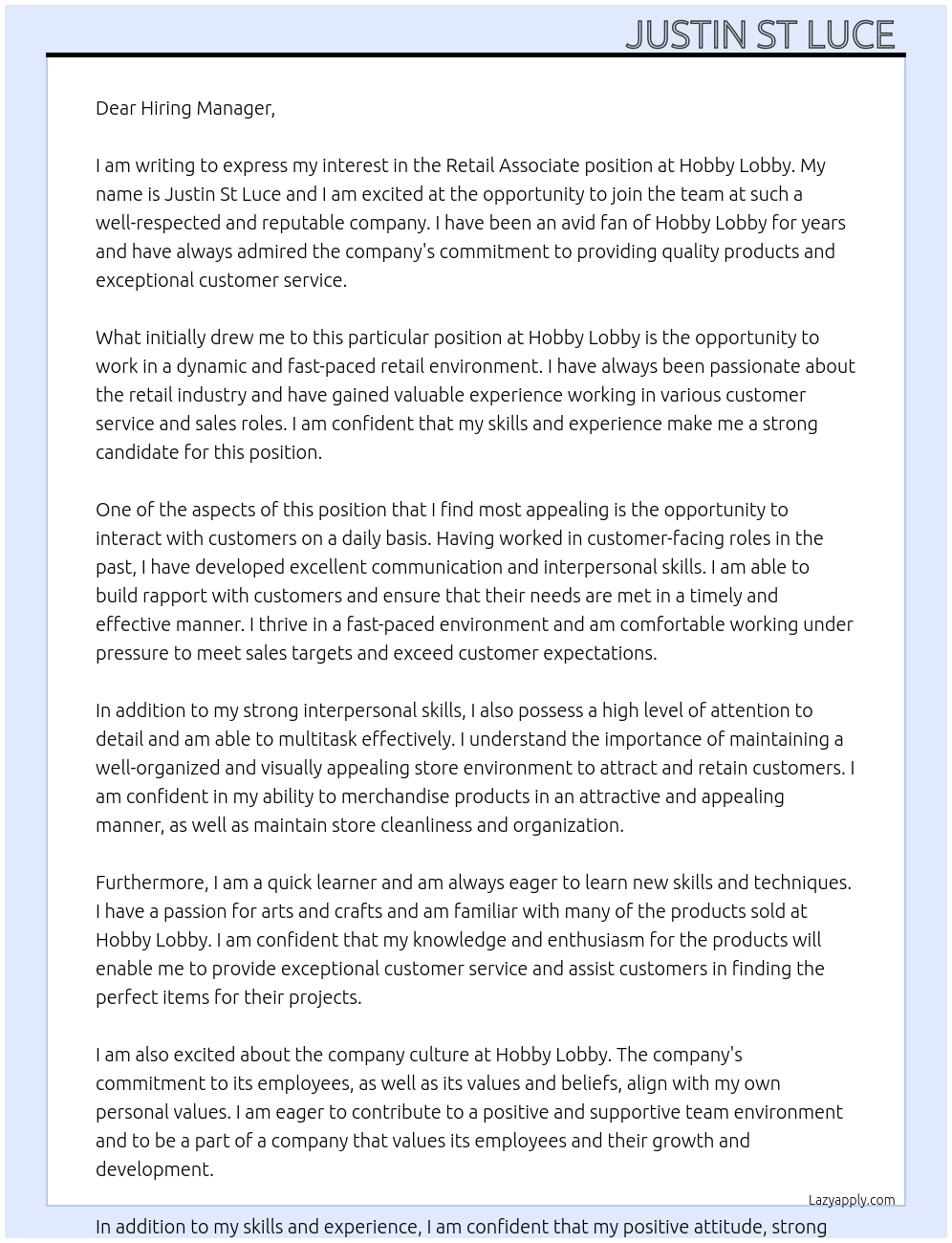 Retail associate  At Hobby lobby  Cover Letter