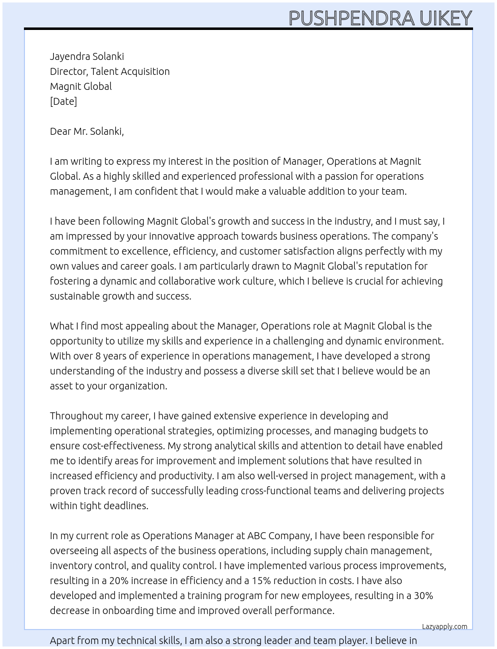 Manager, Operations At Magnit Global Cover Letter