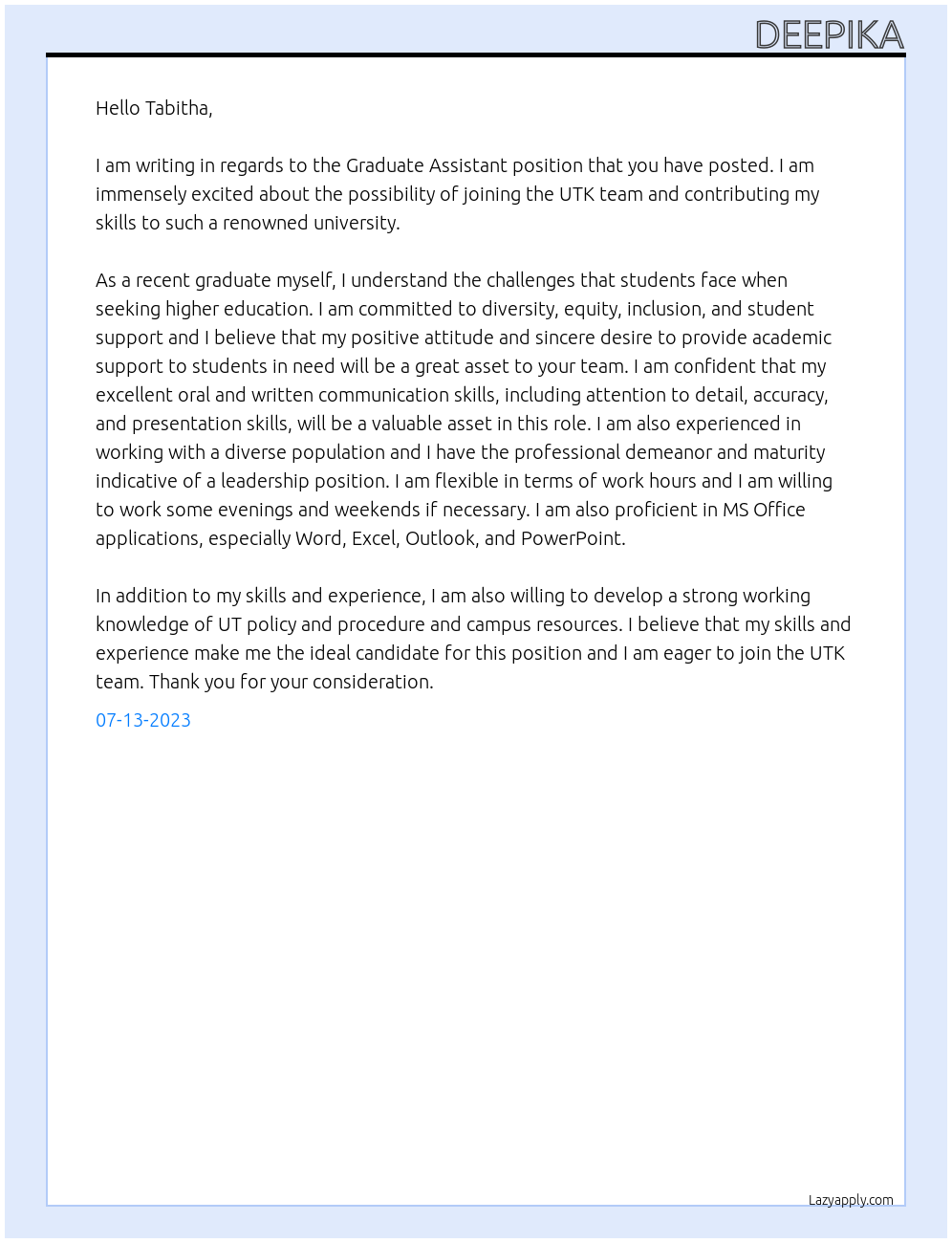 Graduate Assistant At UTK Cover Letter