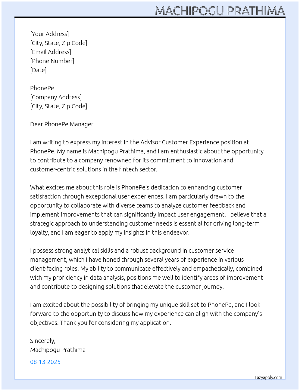 Advicer customer experience At Phonepe Cover Letter