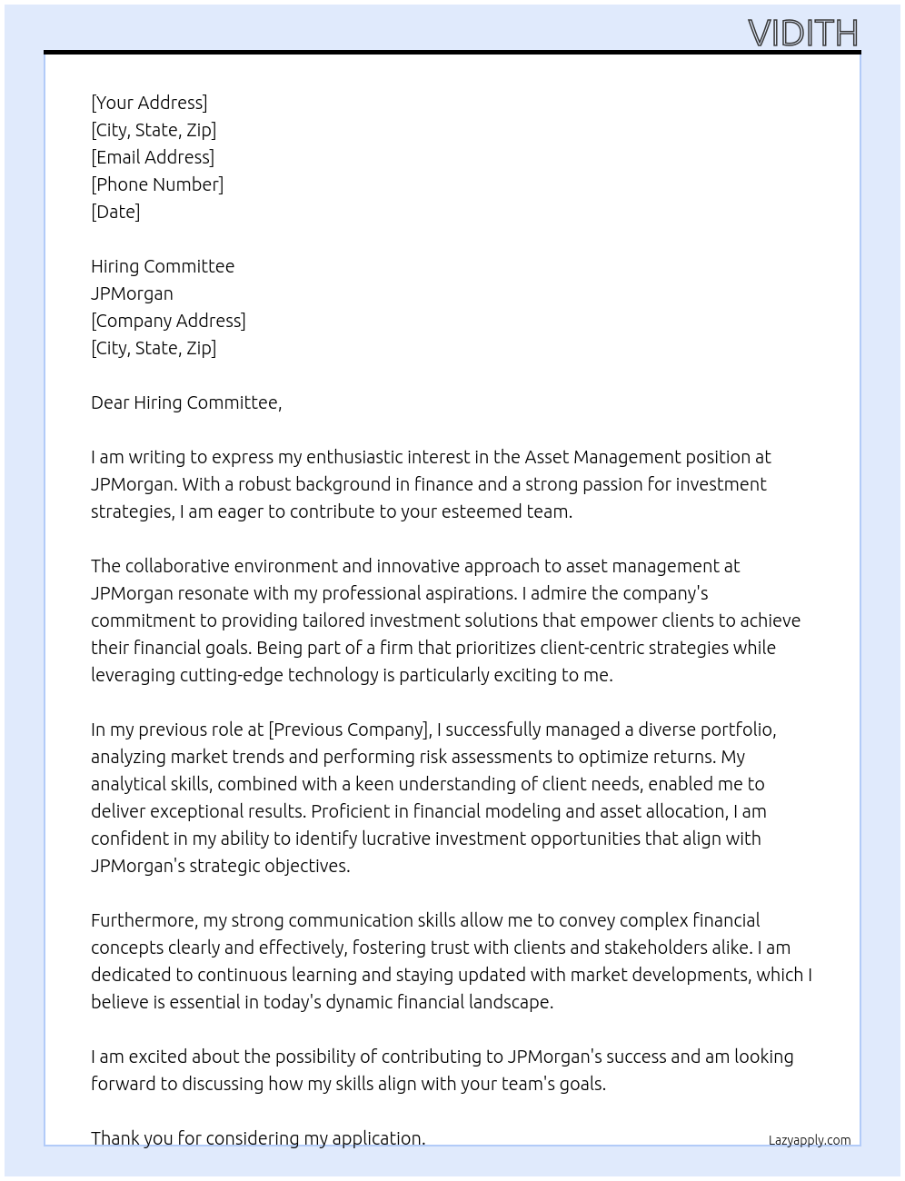 asset management At JPMorgan Cover Letter